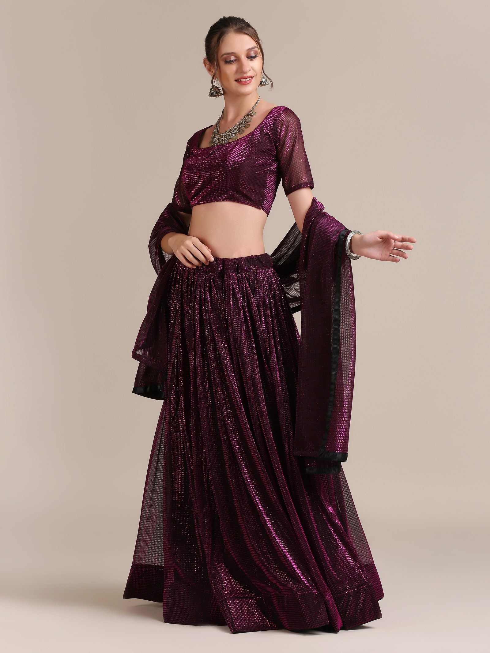 Elegant Wine Purple Party & Cocktail Wear Semi-Stitched Fancy Fabric Lehenga Choli with Embellished Work