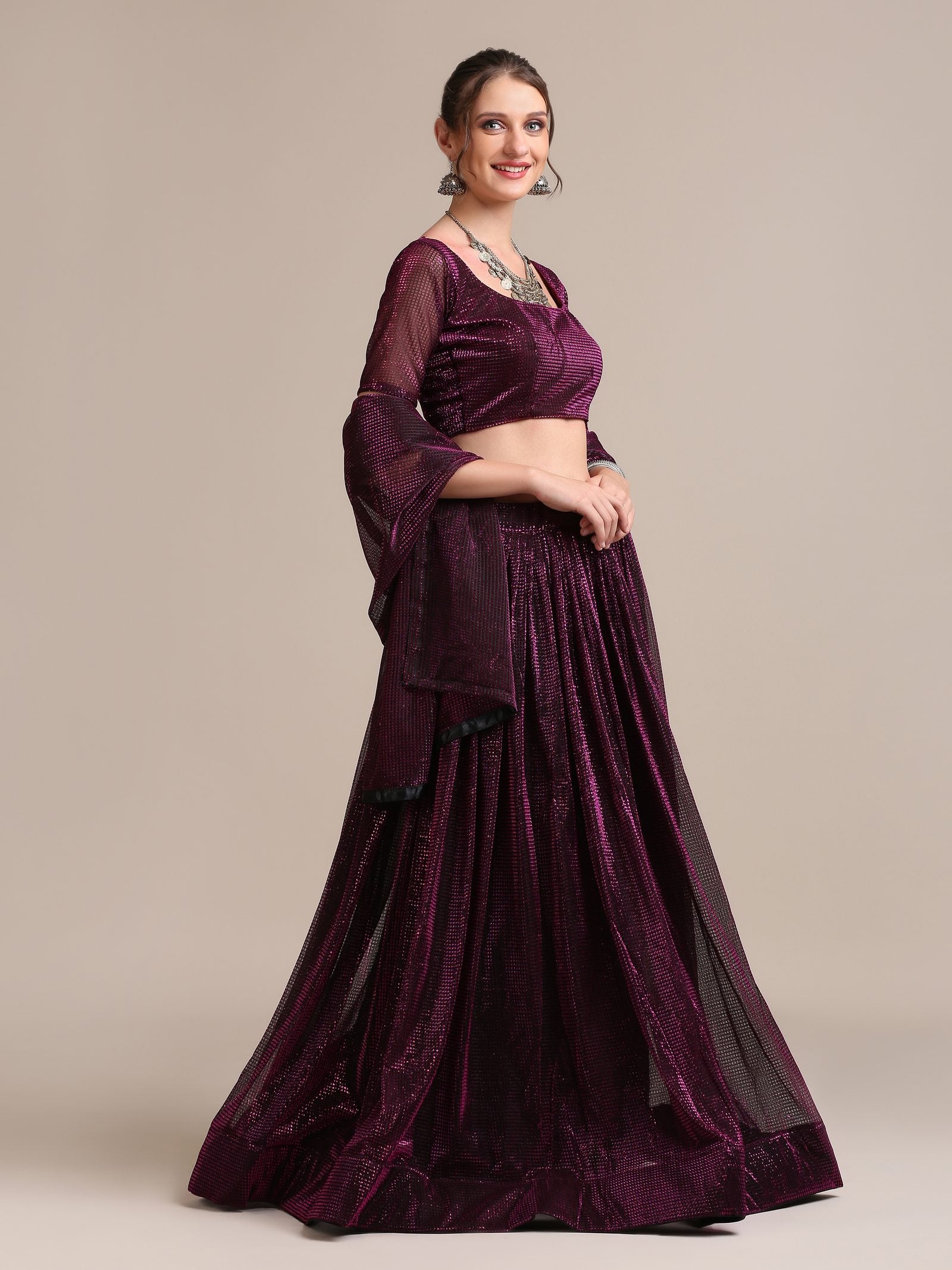 Elegant Wine Purple Party & Cocktail Wear Semi-Stitched Fancy Fabric Lehenga Choli with Embellished Work