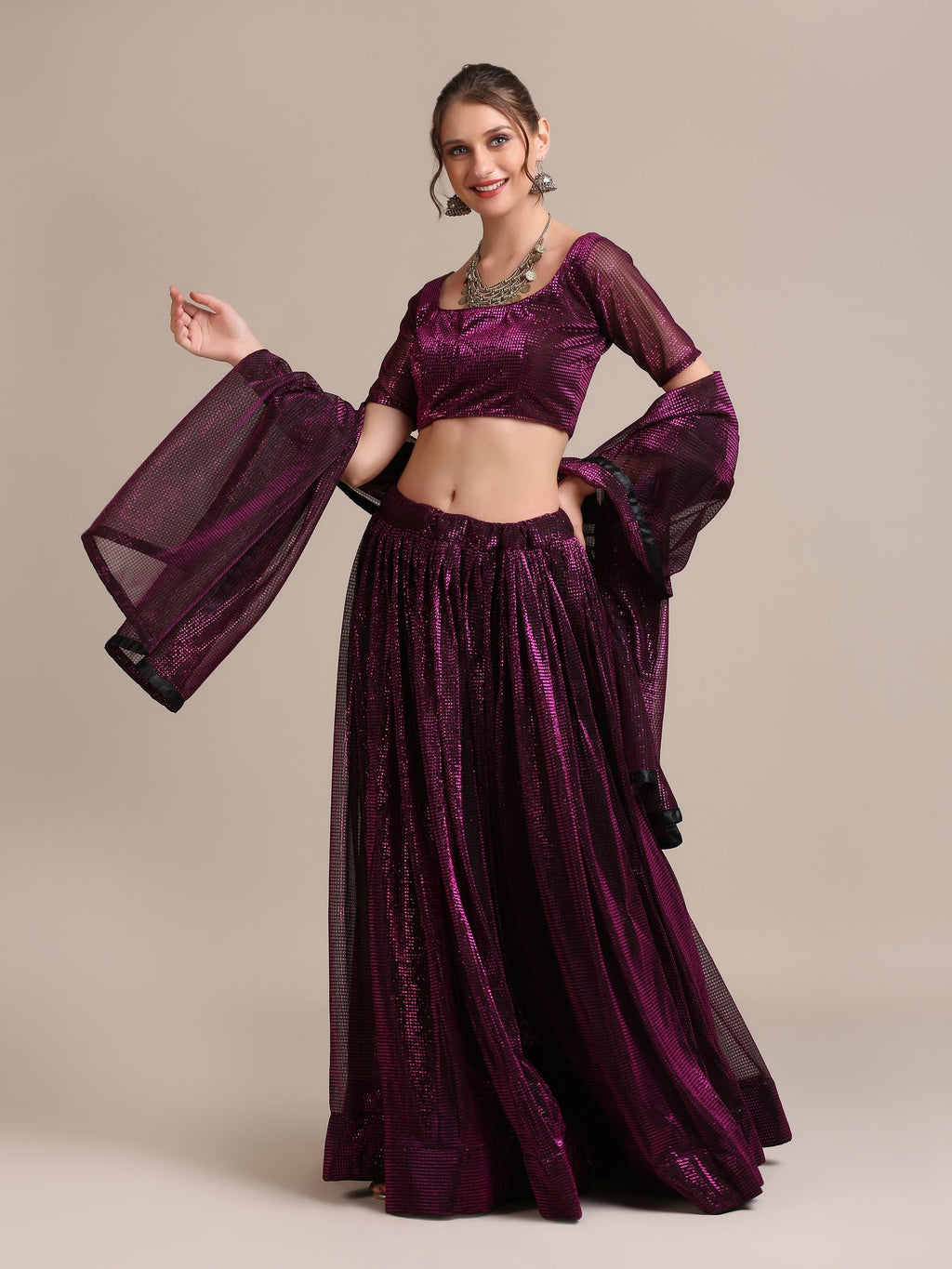 Elegant Wine Purple Party & Cocktail Wear Semi-Stitched Fancy Fabric Lehenga Choli with Embellished Work