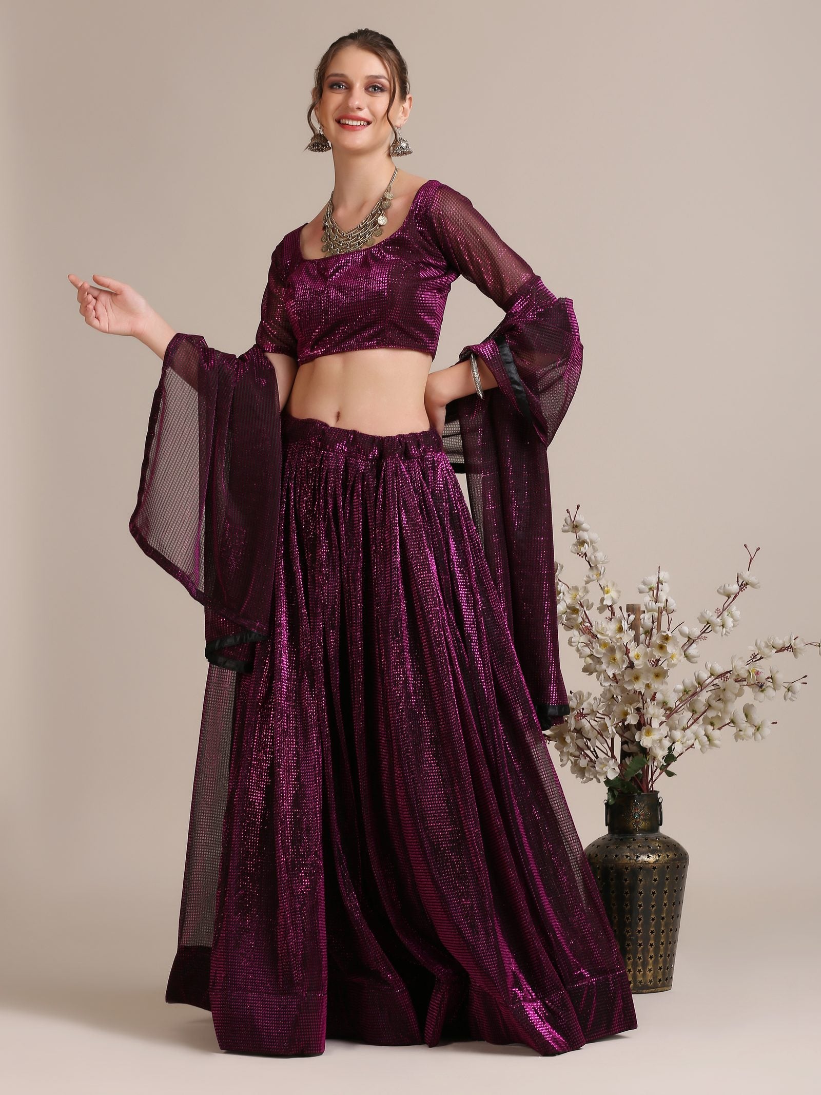 Elegant Wine Purple Party & Cocktail Wear Semi-Stitched Fancy Fabric Lehenga Choli with Embellished Work