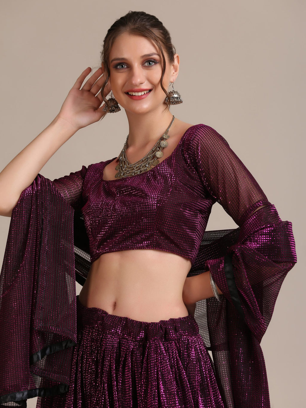 Elegant Wine Purple Party & Cocktail Wear Semi-Stitched Fancy Fabric Lehenga Choli with Embellished Work