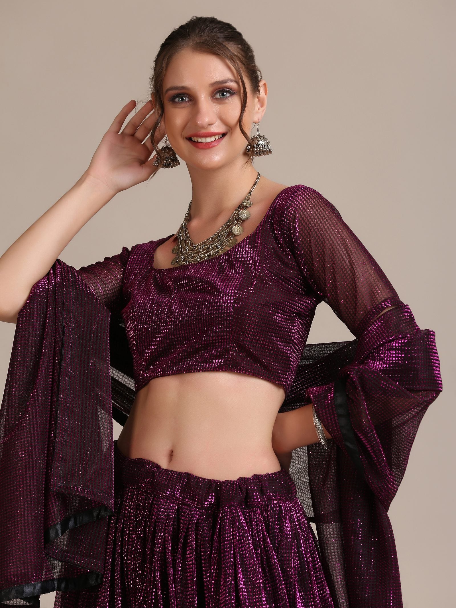 Elegant Wine Purple Party & Cocktail Wear Semi-Stitched Fancy Fabric Lehenga Choli with Embellished Work