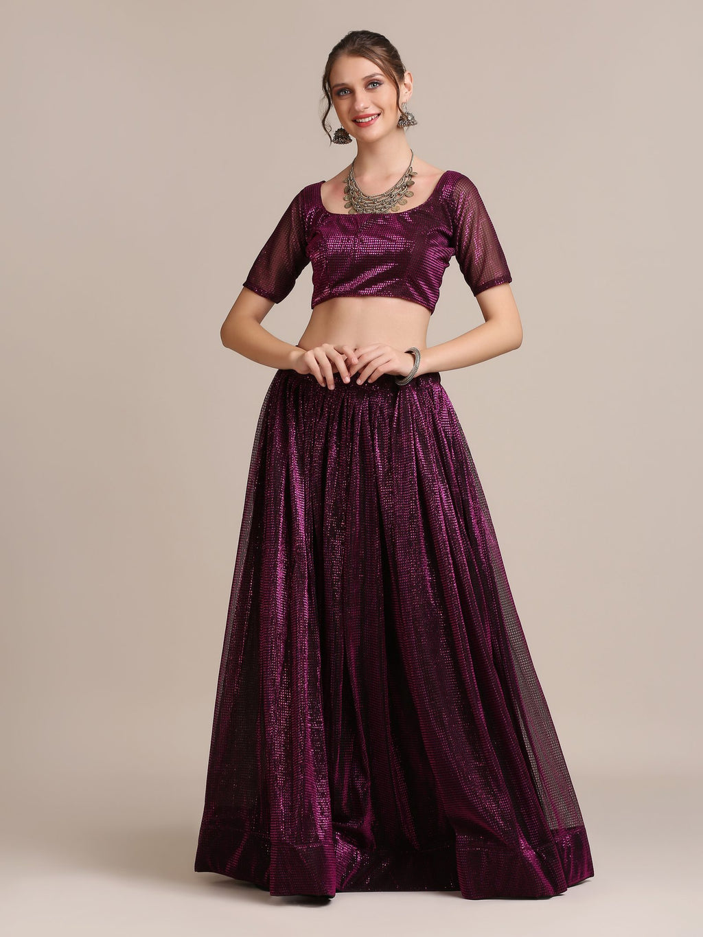 Elegant Wine Purple Party & Cocktail Wear Semi-Stitched Fancy Fabric Lehenga Choli with Embellished Work