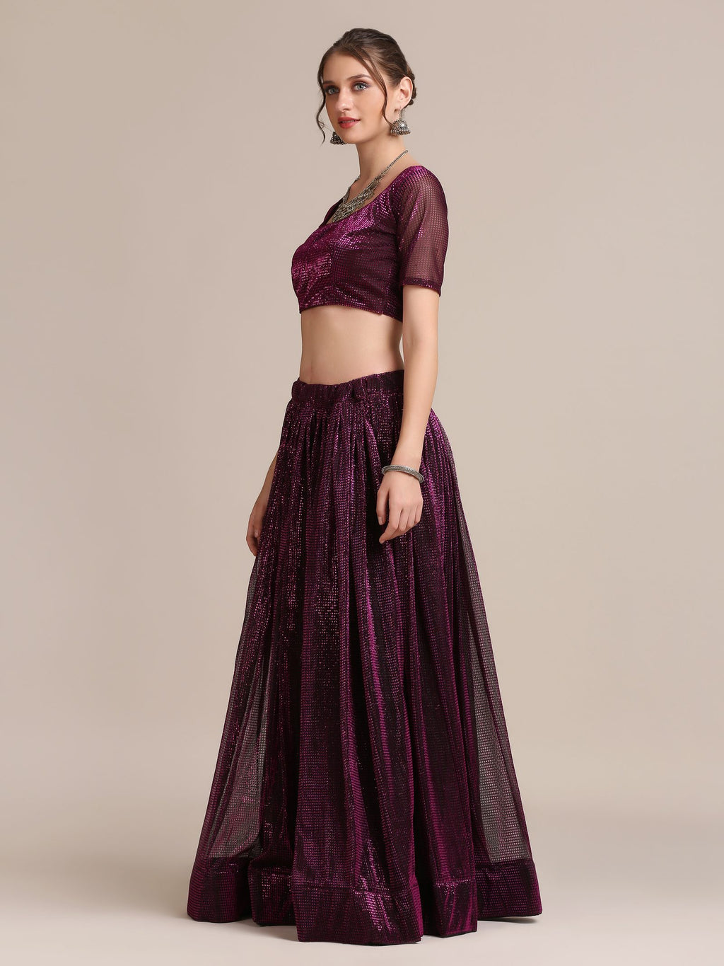 Elegant Wine Purple Party & Cocktail Wear Semi-Stitched Fancy Fabric Lehenga Choli with Embellished Work