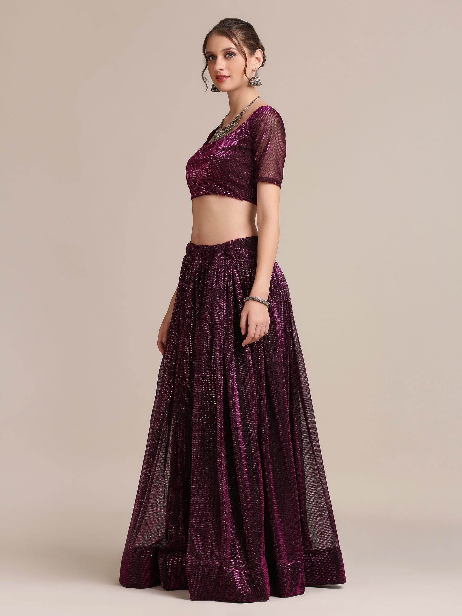 Elegant Wine Purple Party & Cocktail Wear Semi-Stitched Fancy Fabric Lehenga Choli with Embellished Work