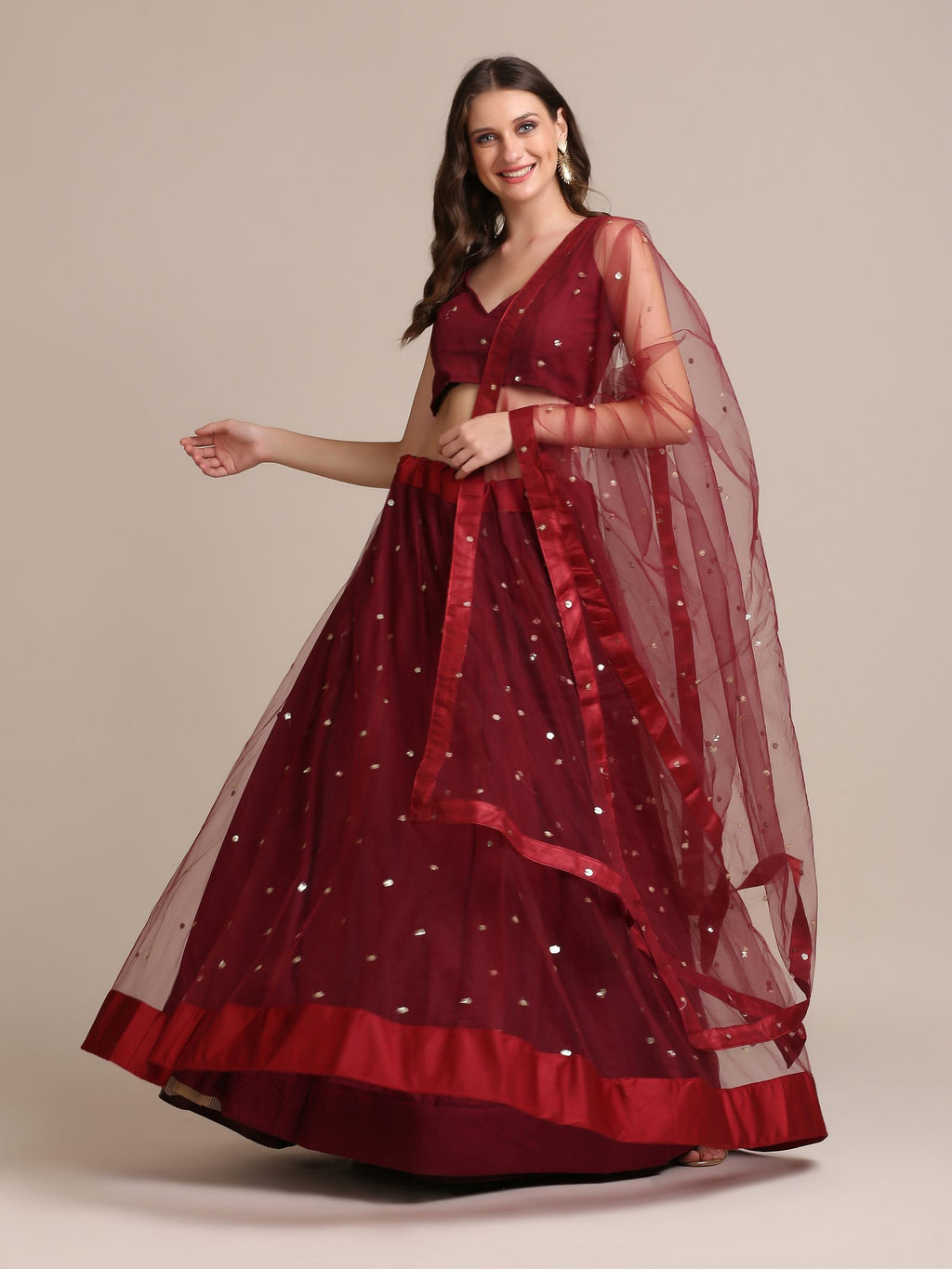 Elegant Wine Festive & Wedding Wear Semi-Stitched Net Lehenga Choli with Sequin Butti Work