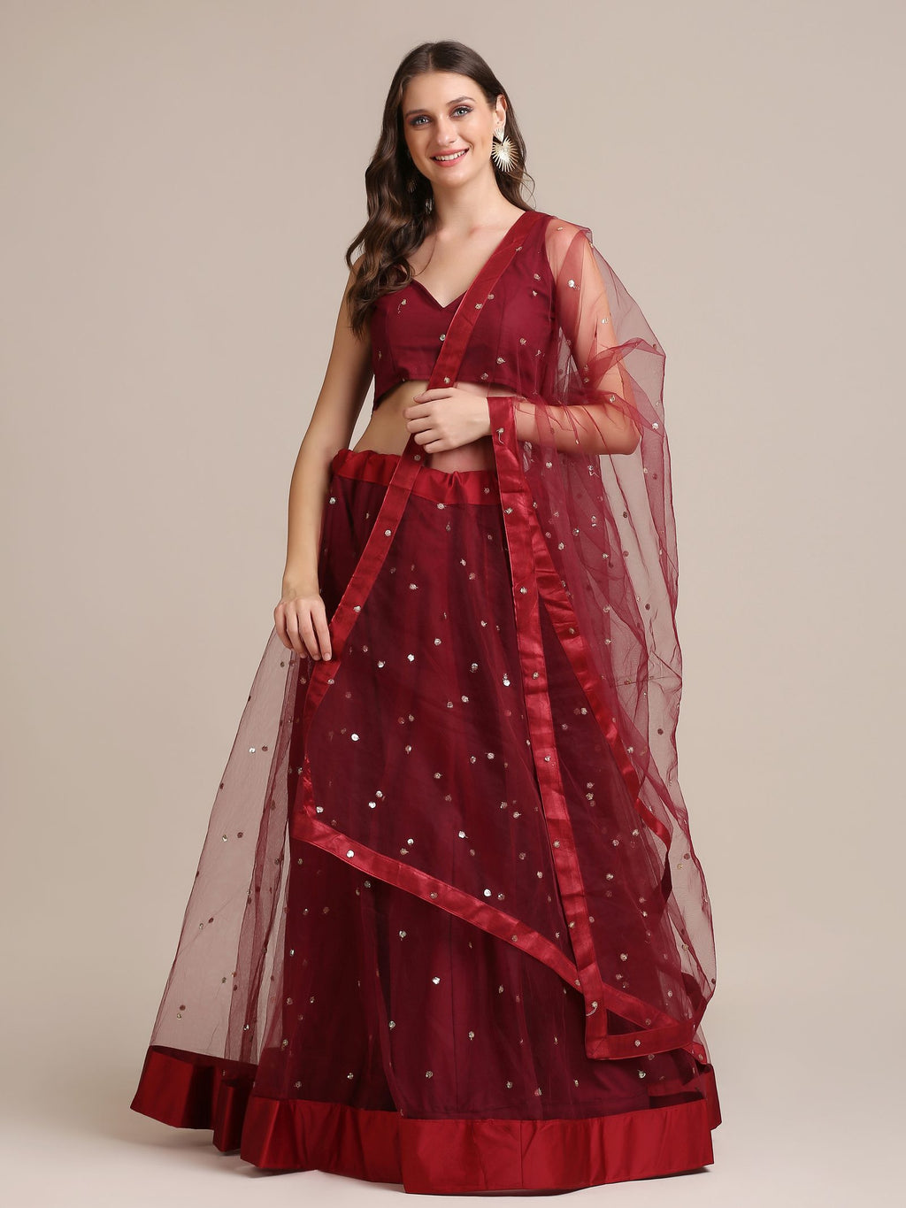 Elegant Wine Festive & Wedding Wear Semi-Stitched Net Lehenga Choli with Sequin Butti Work