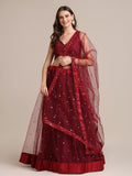 Elegant Wine Festive & Wedding Wear Semi-Stitched Net Lehenga Choli with Sequin Butti Work
