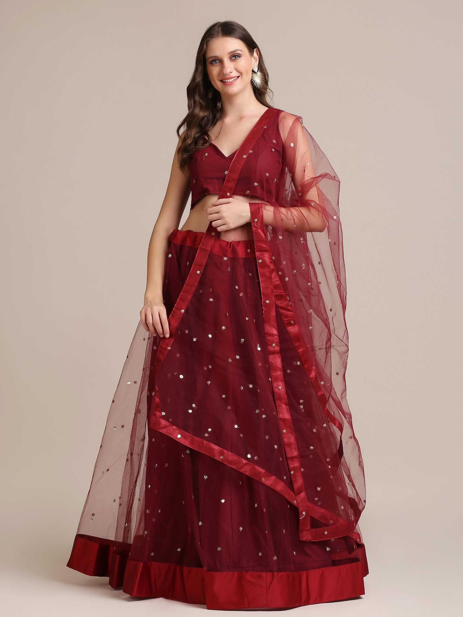 Elegant Wine Festive & Wedding Wear Semi-Stitched Net Lehenga Choli with Sequin Butti Work