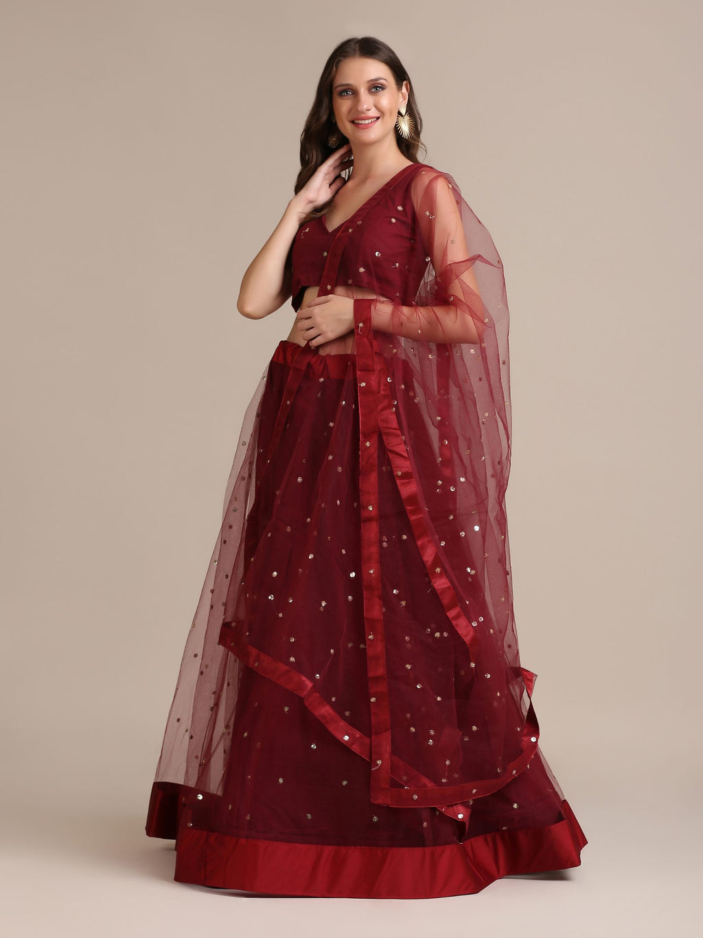 Elegant Wine Festive & Wedding Wear Semi-Stitched Net Lehenga Choli with Sequin Butti Work