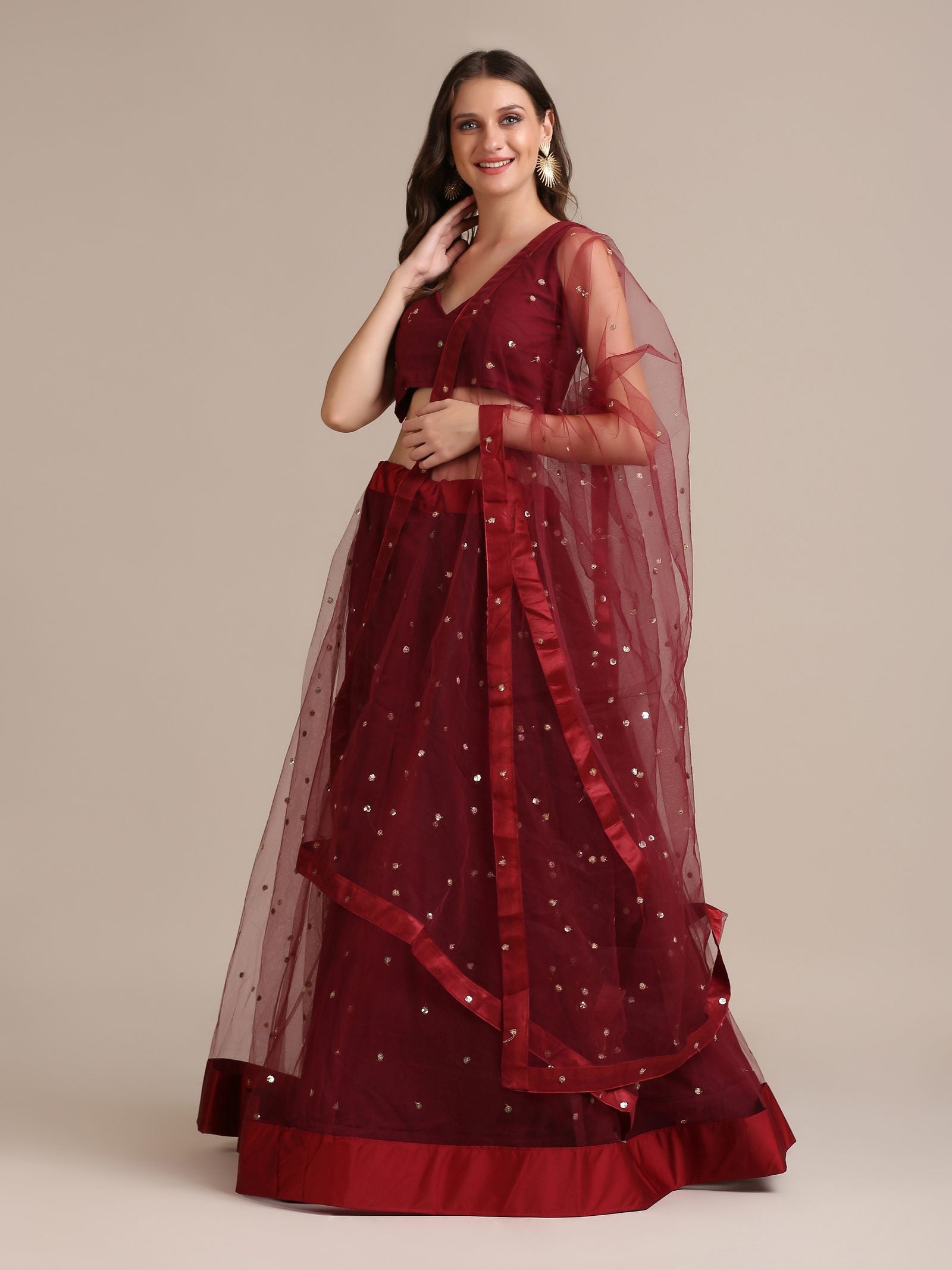 Elegant Wine Festive & Wedding Wear Semi-Stitched Net Lehenga Choli with Sequin Butti Work