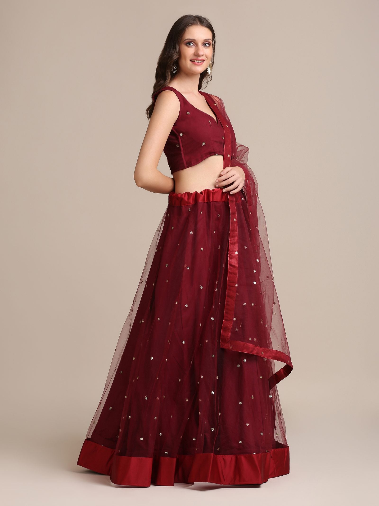 Elegant Wine Festive & Wedding Wear Semi-Stitched Net Lehenga Choli with Sequin Butti Work