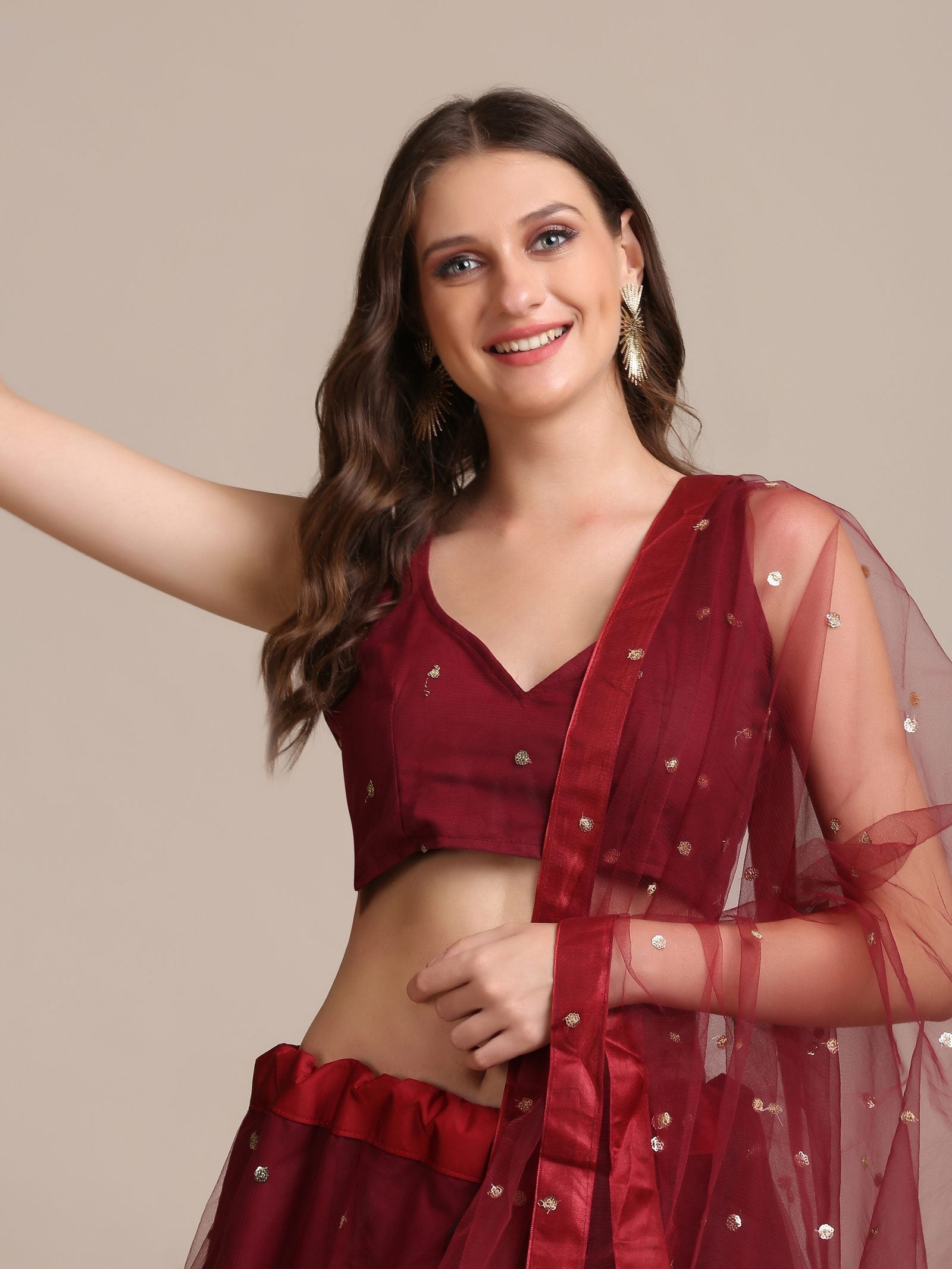 Elegant Wine Festive & Wedding Wear Semi-Stitched Net Lehenga Choli with Sequin Butti Work