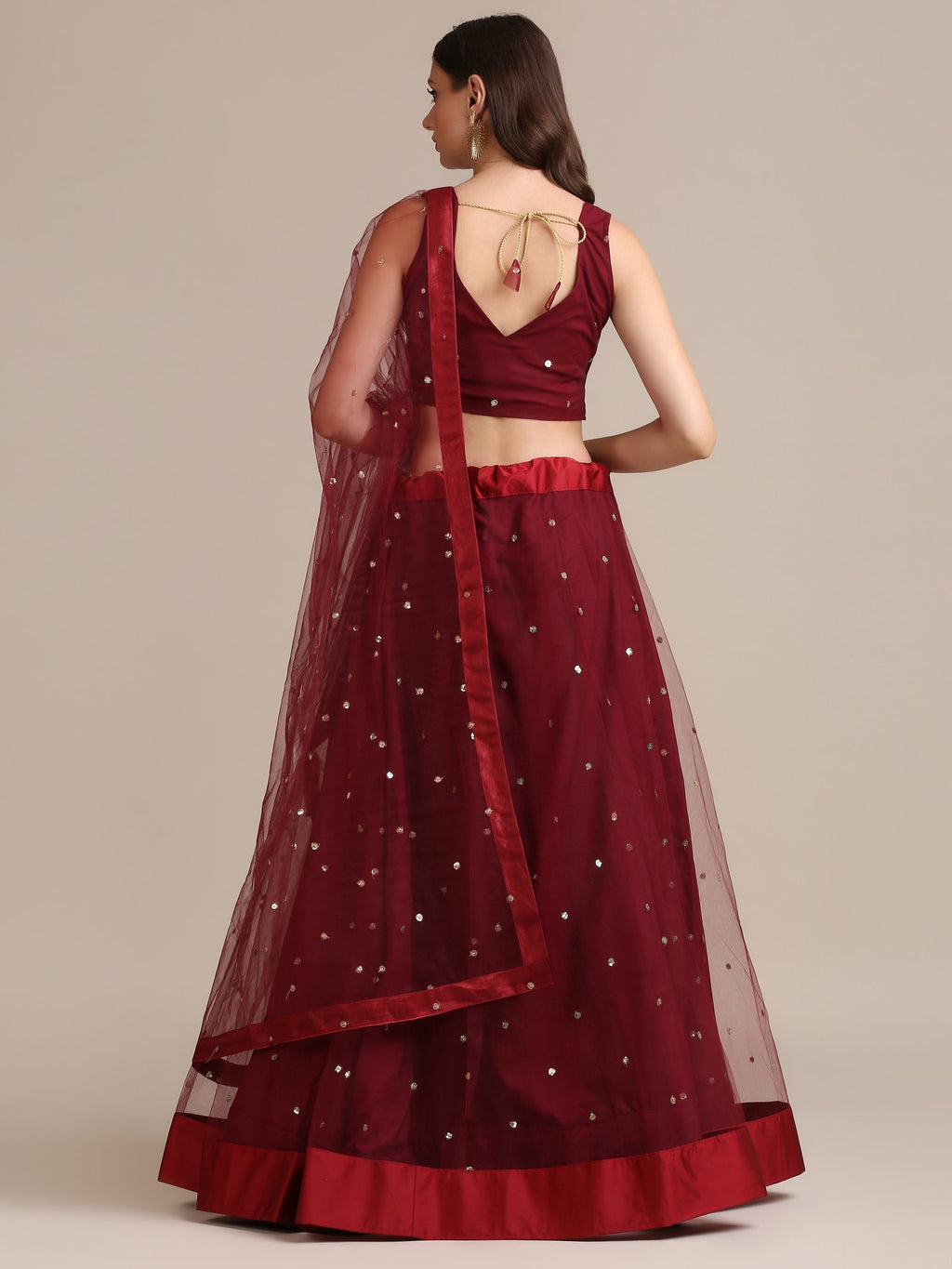 Elegant Wine Festive & Wedding Wear Semi-Stitched Net Lehenga Choli with Sequin Butti Work