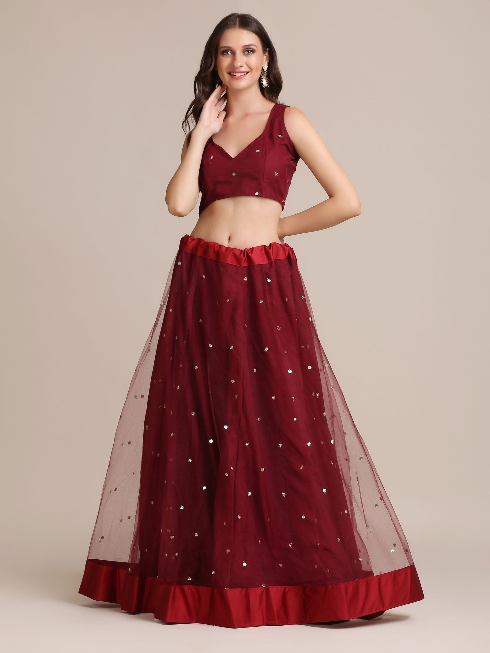 Elegant Wine Festive & Wedding Wear Semi-Stitched Net Lehenga Choli with Sequin Butti Work