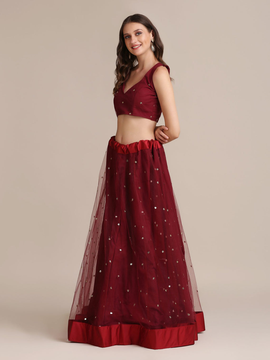 Elegant Wine Festive & Wedding Wear Semi-Stitched Net Lehenga Choli with Sequin Butti Work