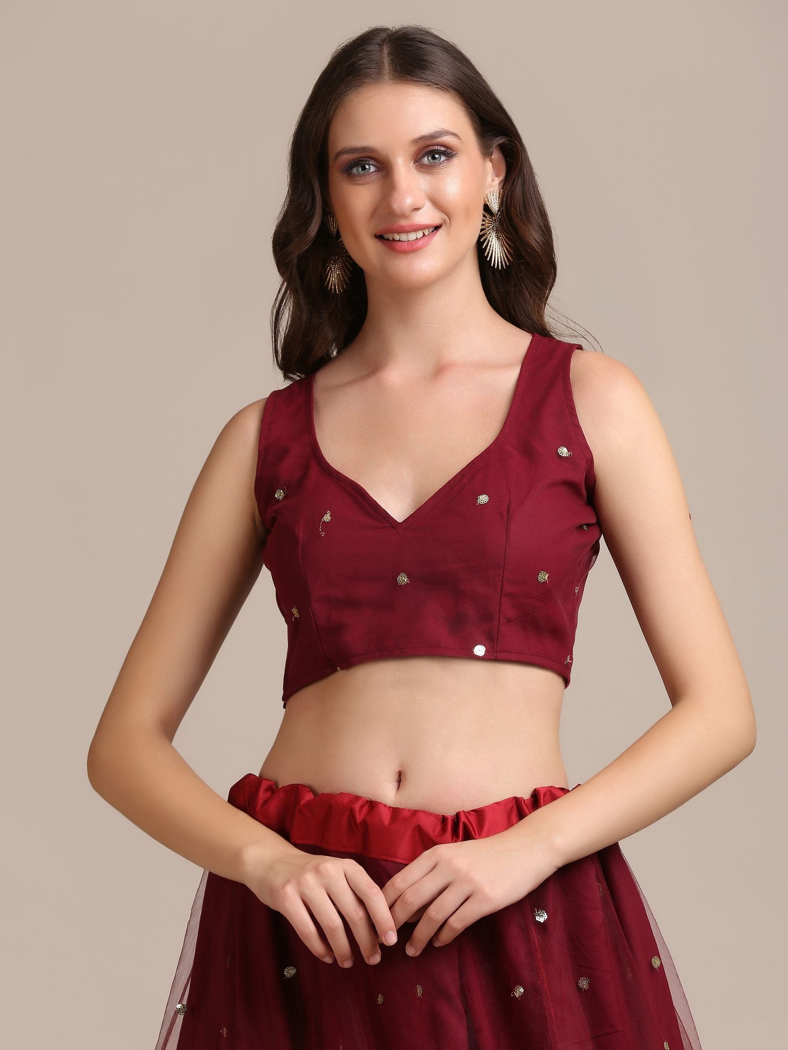 Elegant Wine Festive & Wedding Wear Semi-Stitched Net Lehenga Choli with Sequin Butti Work