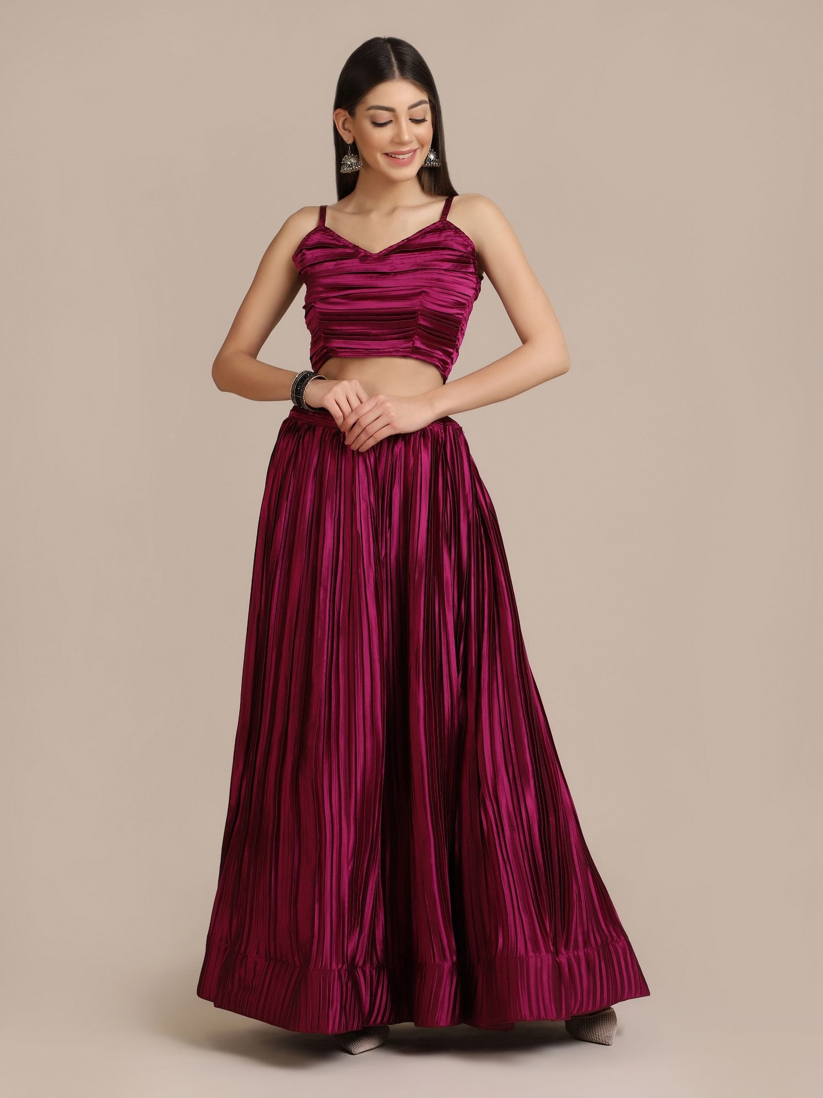 Elegant Wine Festive & Wedding Wear Semi-Stitched Silk Lehenga Choli with Pleated Pattern and Ruched Blouse