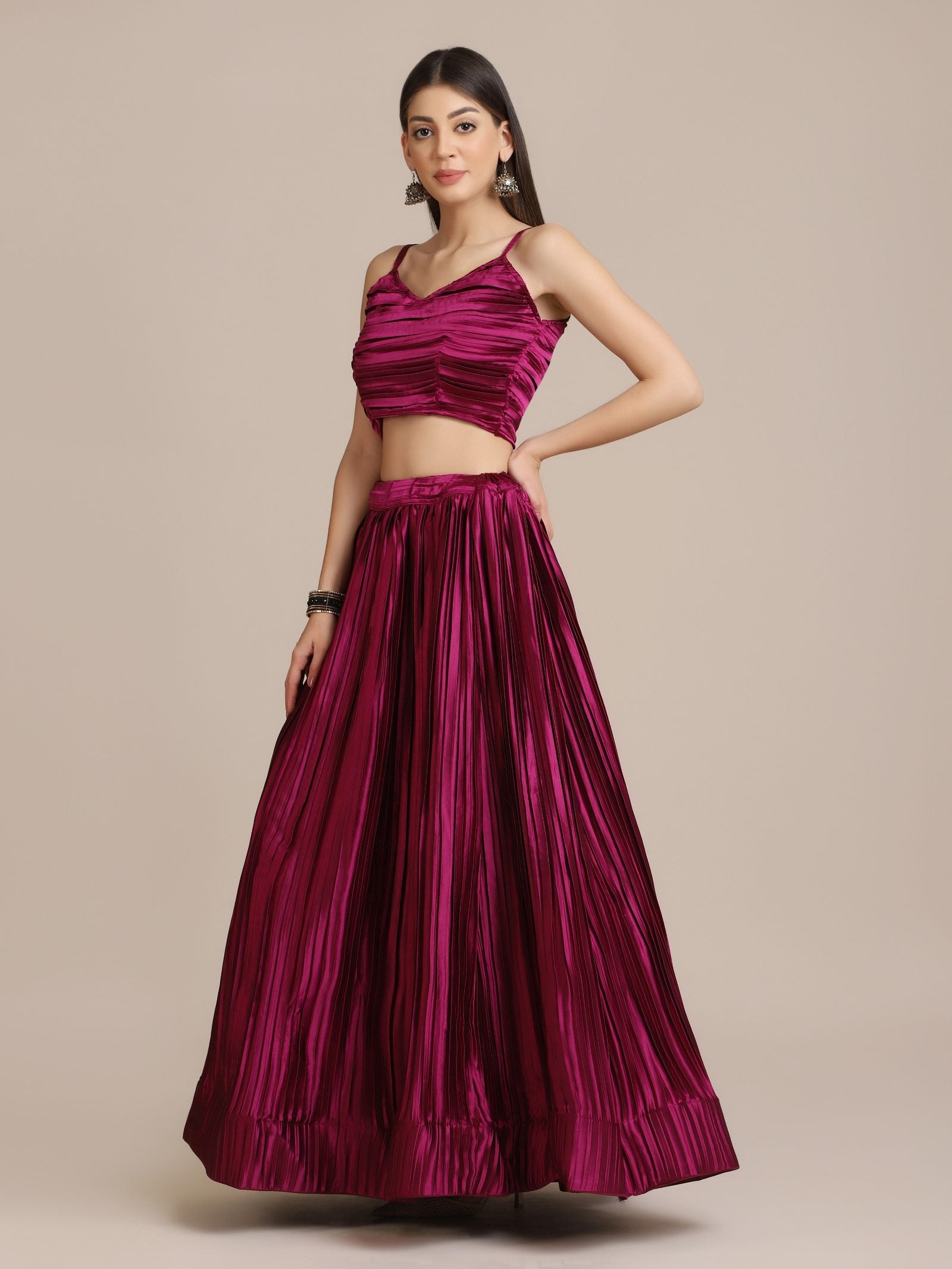 Elegant Wine Festive & Wedding Wear Semi-Stitched Silk Lehenga Choli with Pleated Pattern and Ruched Blouse