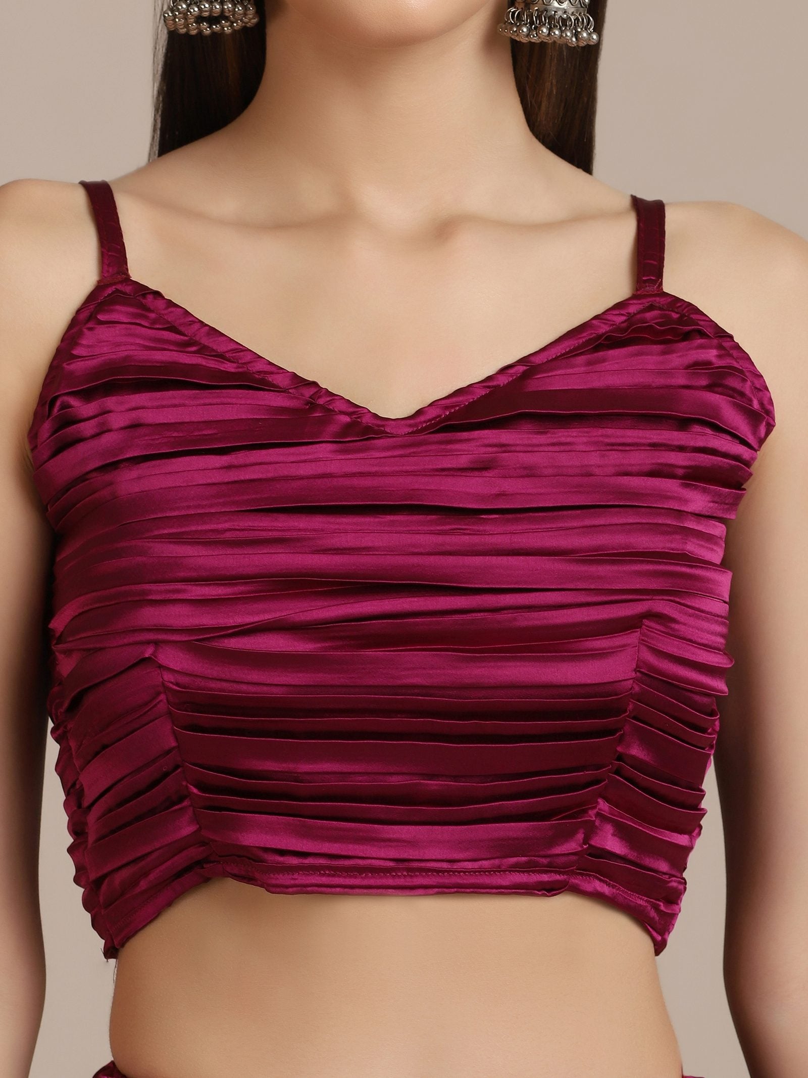 Elegant Wine Festive & Wedding Wear Semi-Stitched Silk Lehenga Choli with Pleated Pattern and Ruched Blouse