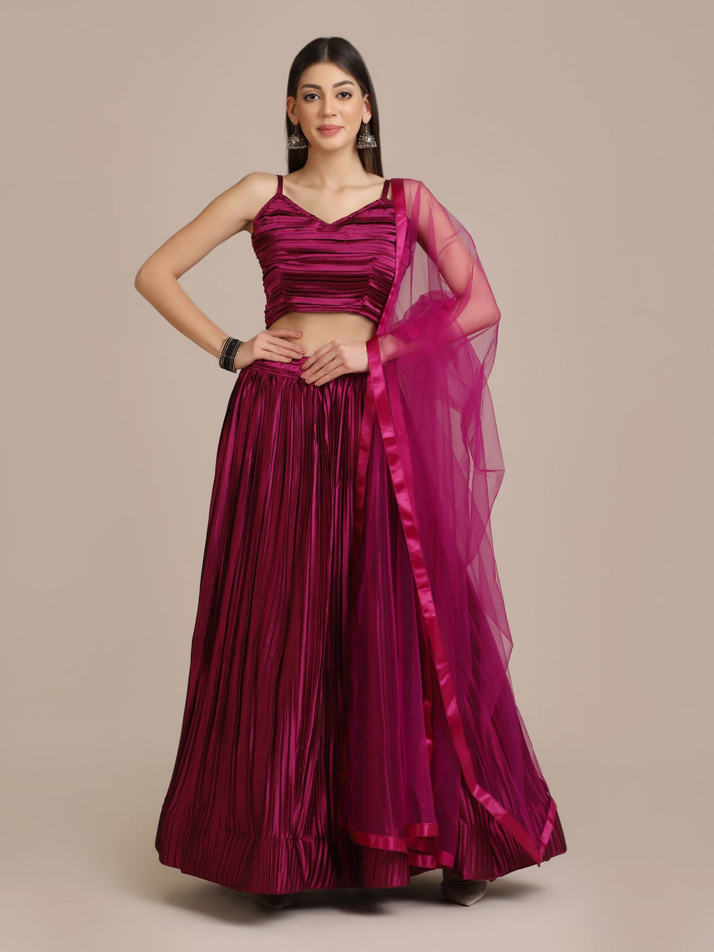 Elegant Wine Festive & Wedding Wear Semi-Stitched Silk Lehenga Choli with Pleated Pattern and Ruched Blouse