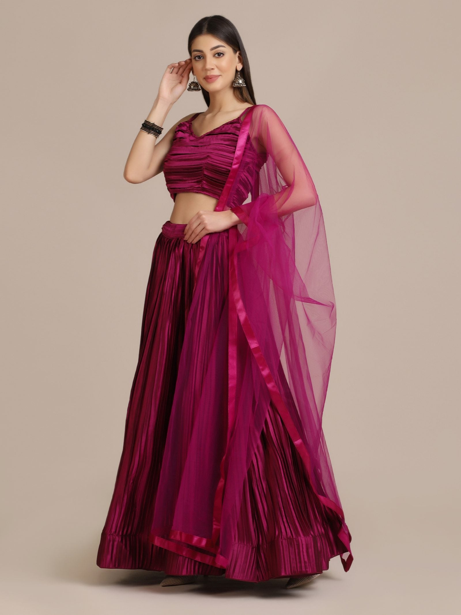 Elegant Wine Festive & Wedding Wear Semi-Stitched Silk Lehenga Choli with Pleated Pattern and Ruched Blouse