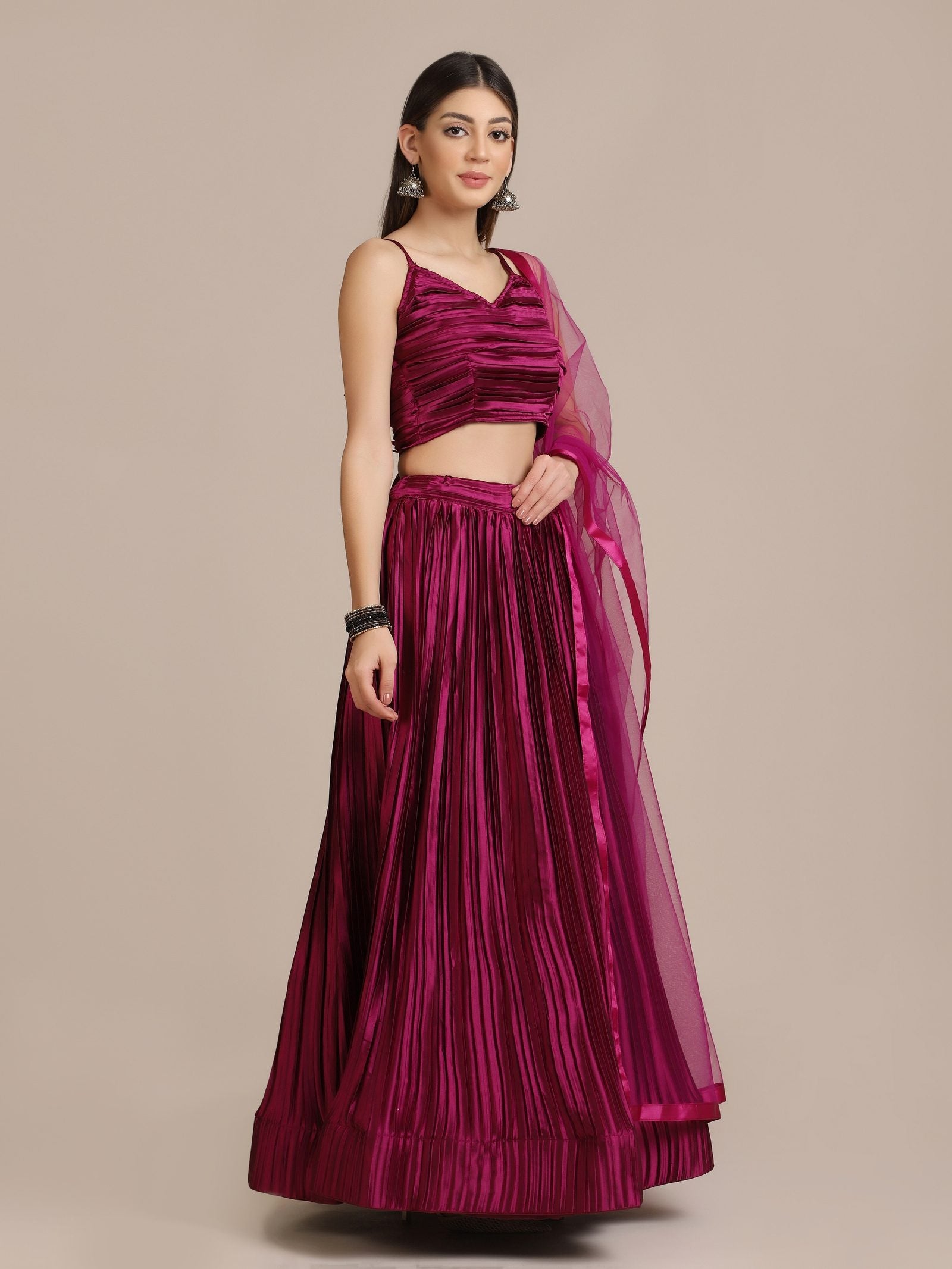Elegant Wine Festive & Wedding Wear Semi-Stitched Silk Lehenga Choli with Pleated Pattern and Ruched Blouse