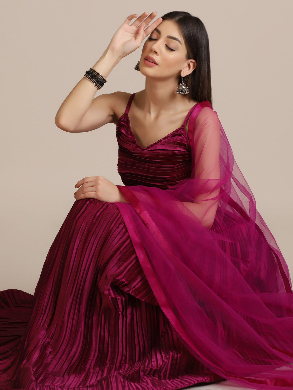 Elegant Wine Festive & Wedding Wear Semi-Stitched Silk Lehenga Choli with Pleated Pattern and Ruched Blouse