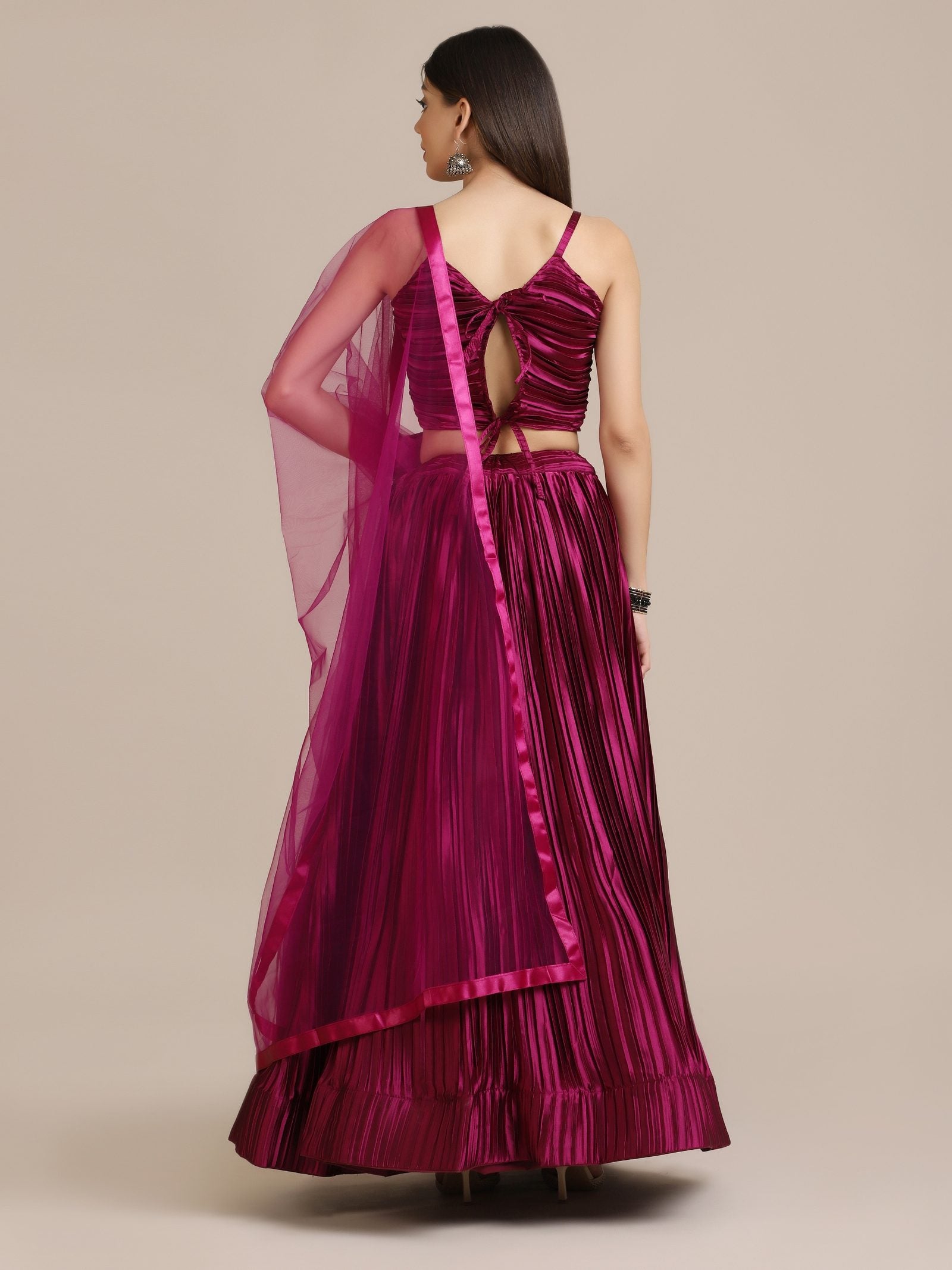 Elegant Wine Festive & Wedding Wear Semi-Stitched Silk Lehenga Choli with Pleated Pattern and Ruched Blouse