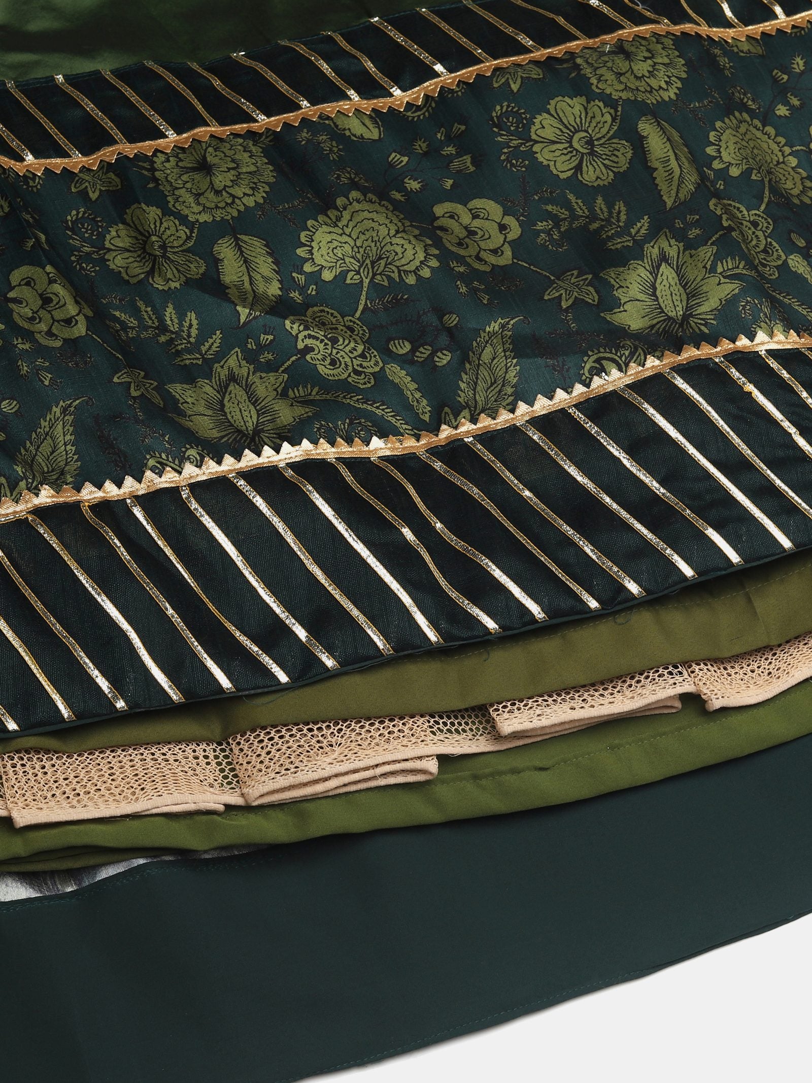 Elegant Bottle Green Wedding Wear Semi-Stitched Silk Lehenga Choli with Floral Brocade Pattern with Striped Border Work