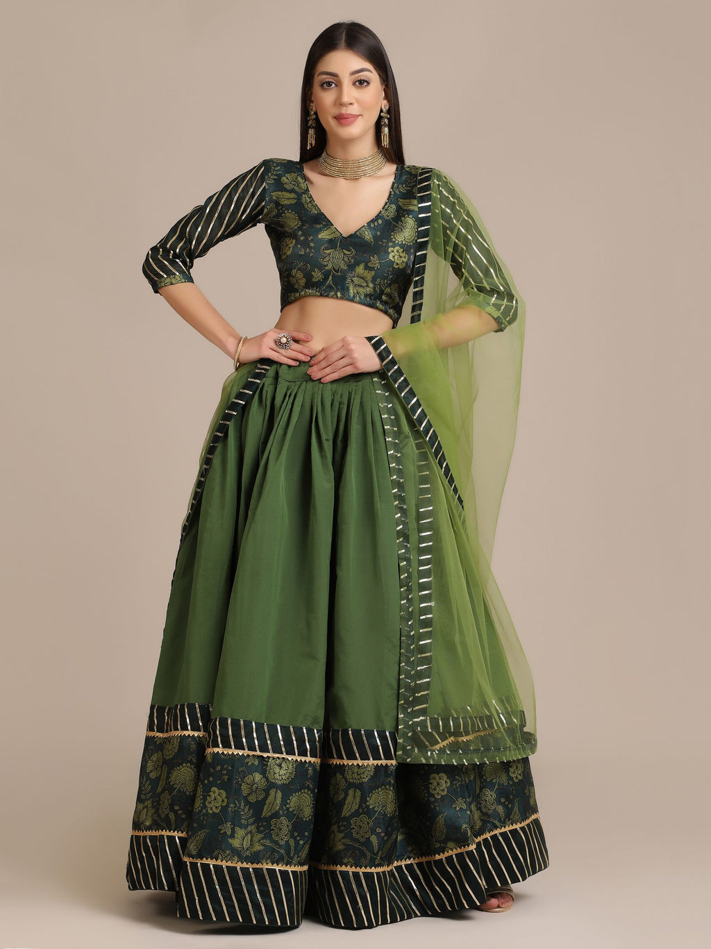 Elegant Bottle Green Wedding Wear Semi-Stitched Silk Lehenga Choli with Floral Brocade Pattern with Striped Border Work