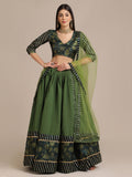 Elegant Bottle Green Wedding Wear Semi-Stitched Silk Lehenga Choli with Floral Brocade Pattern with Striped Border Work