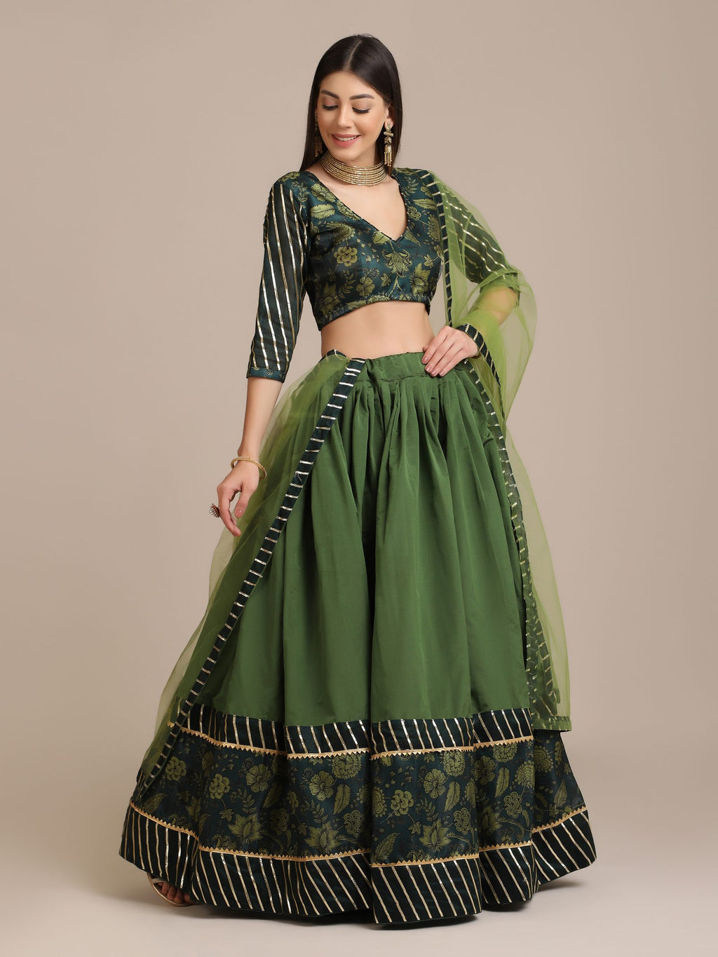 Elegant Bottle Green Wedding Wear Semi-Stitched Silk Lehenga Choli with Floral Brocade Pattern with Striped Border Work