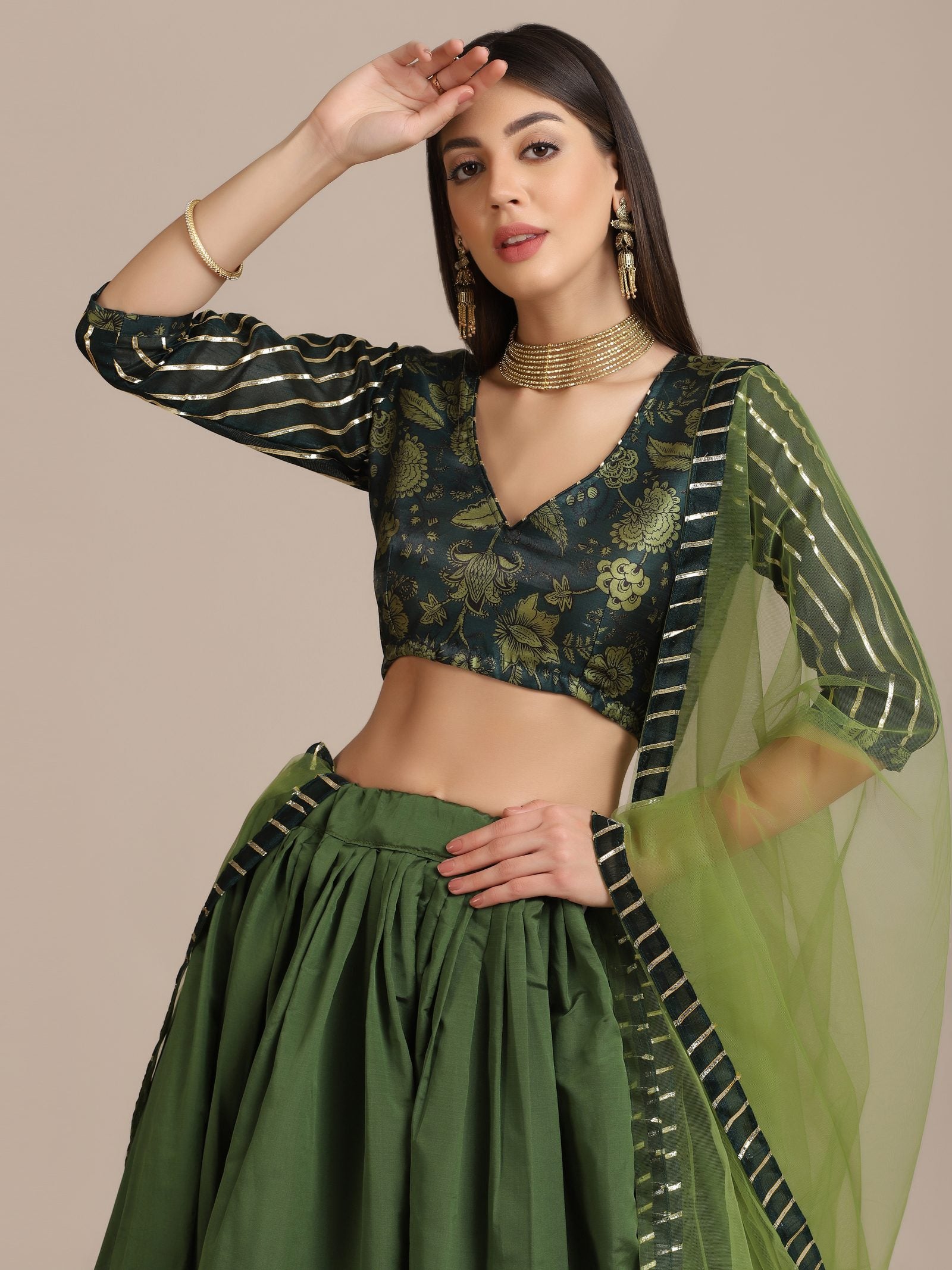 Elegant Bottle Green Wedding Wear Semi-Stitched Silk Lehenga Choli with Floral Brocade Pattern with Striped Border Work