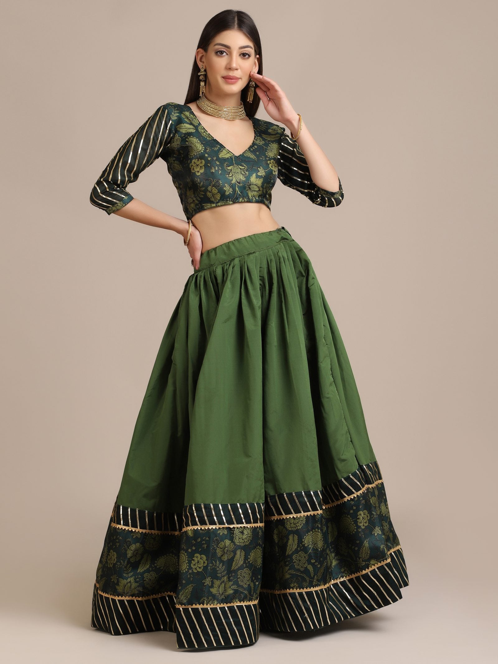Elegant Bottle Green Wedding Wear Semi-Stitched Silk Lehenga Choli with Floral Brocade Pattern with Striped Border Work
