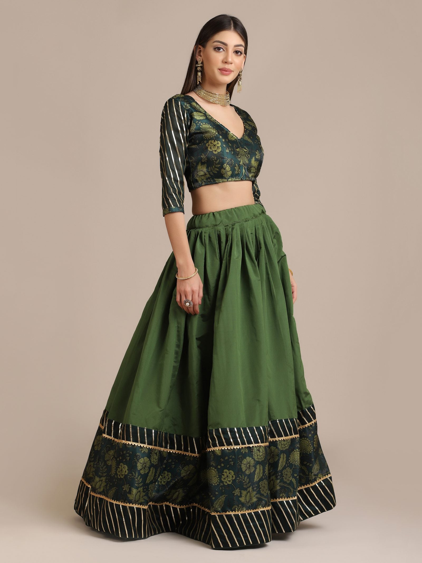 Elegant Bottle Green Wedding Wear Semi-Stitched Silk Lehenga Choli with Floral Brocade Pattern with Striped Border Work