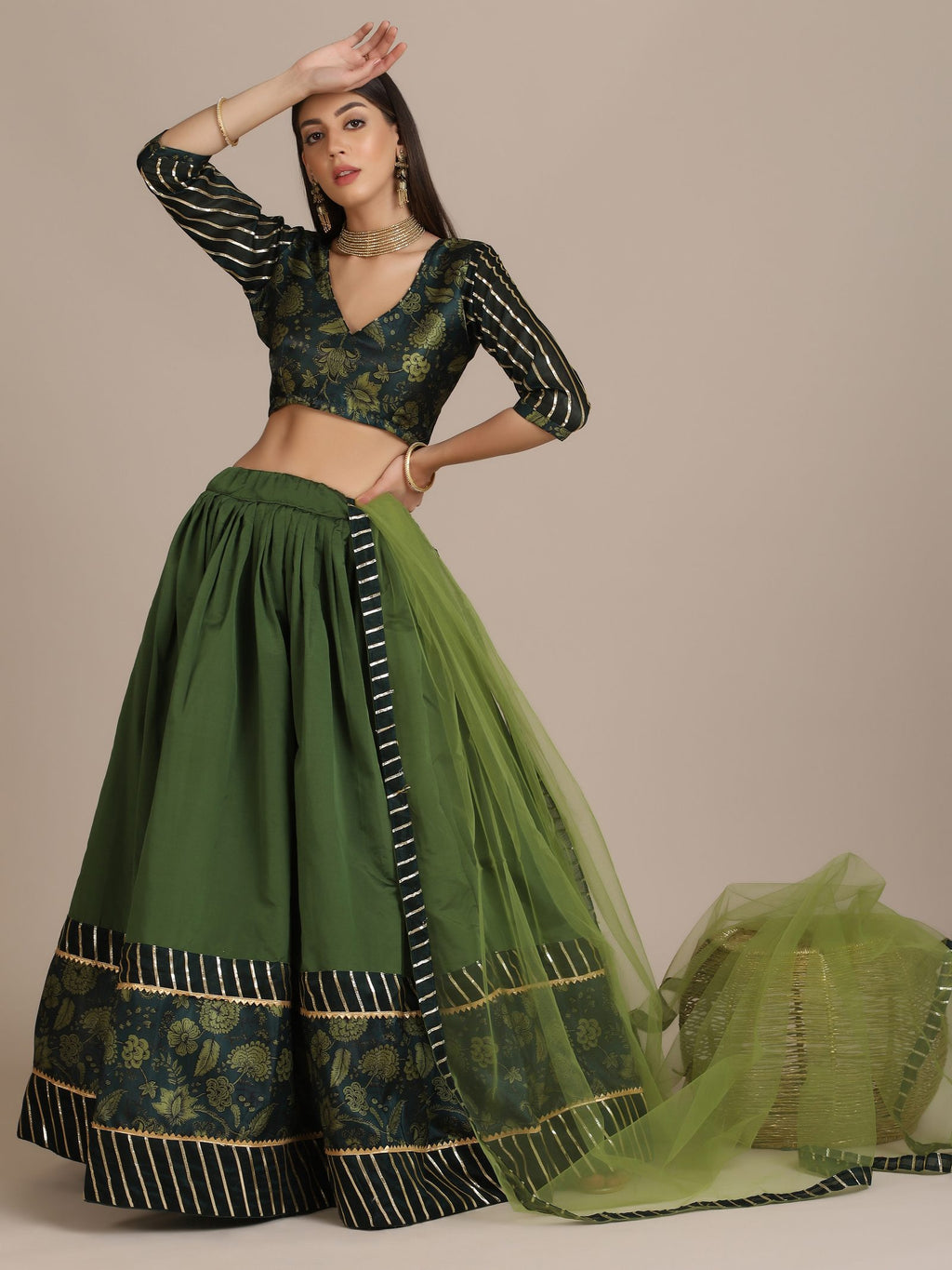 Elegant Bottle Green Wedding Wear Semi-Stitched Silk Lehenga Choli with Floral Brocade Pattern with Striped Border Work