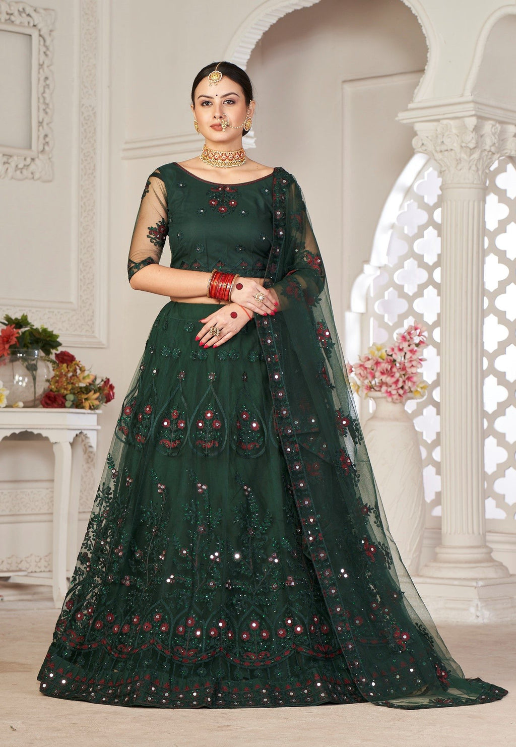 Elegant Emerald Green Party & Wedding Wear Semi-Stitched Net Lehenga Choli with Floral Embroidered Embellished Work