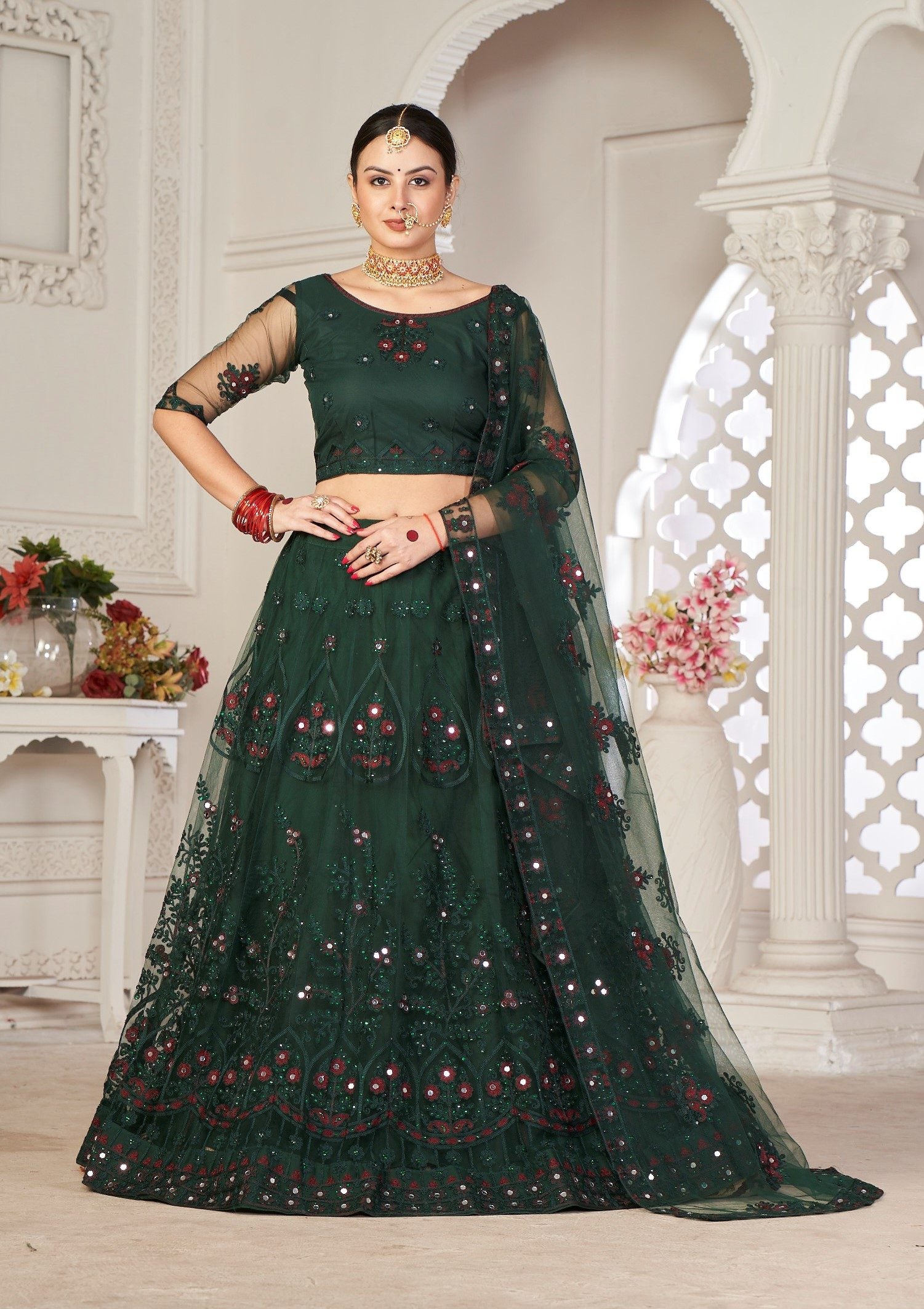 Elegant Emerald Green Party & Wedding Wear Semi-Stitched Net Lehenga Choli with Floral Embroidered Embellished Work