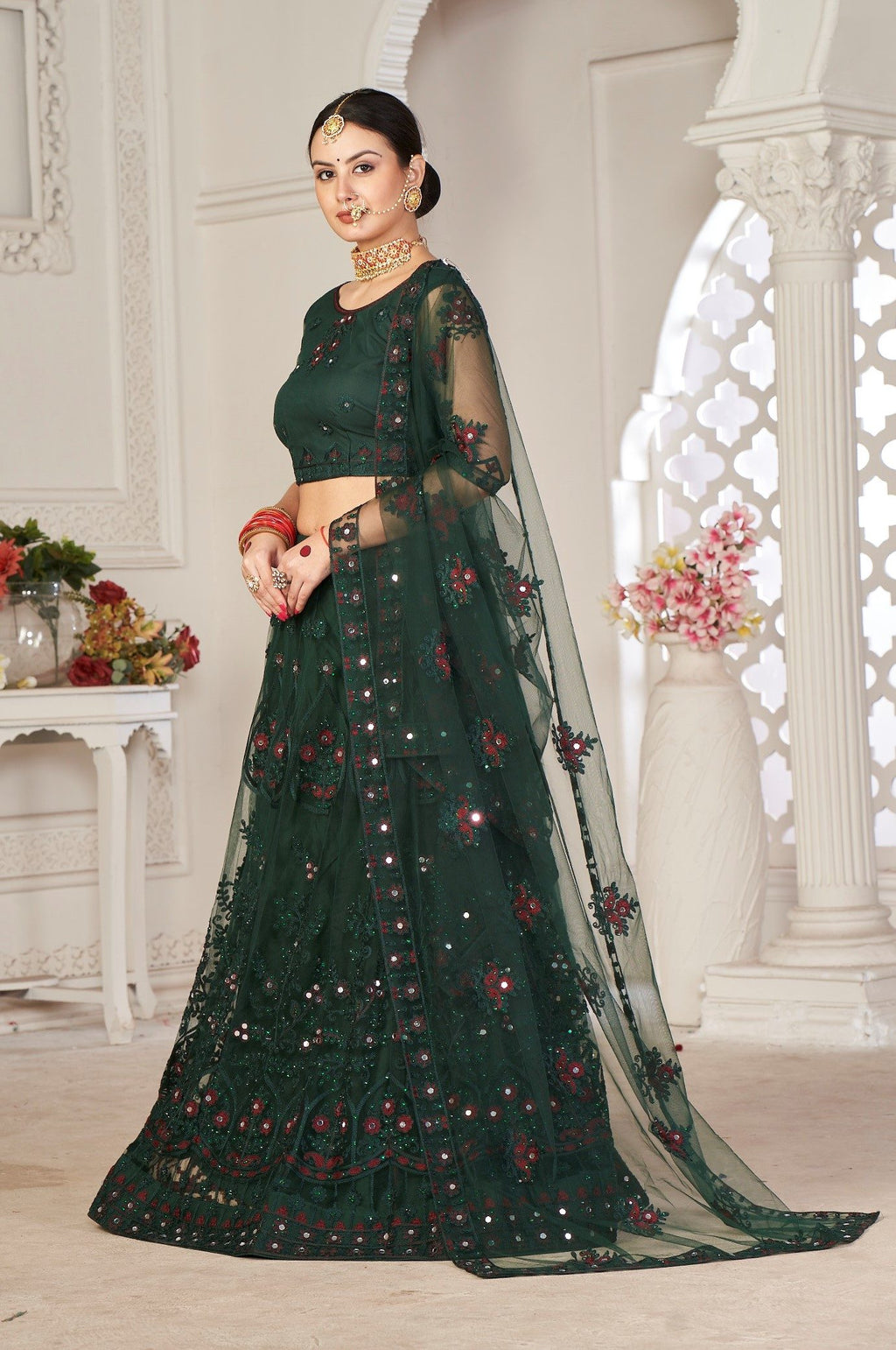 Elegant Emerald Green Party & Wedding Wear Semi-Stitched Net Lehenga Choli with Floral Embroidered Embellished Work