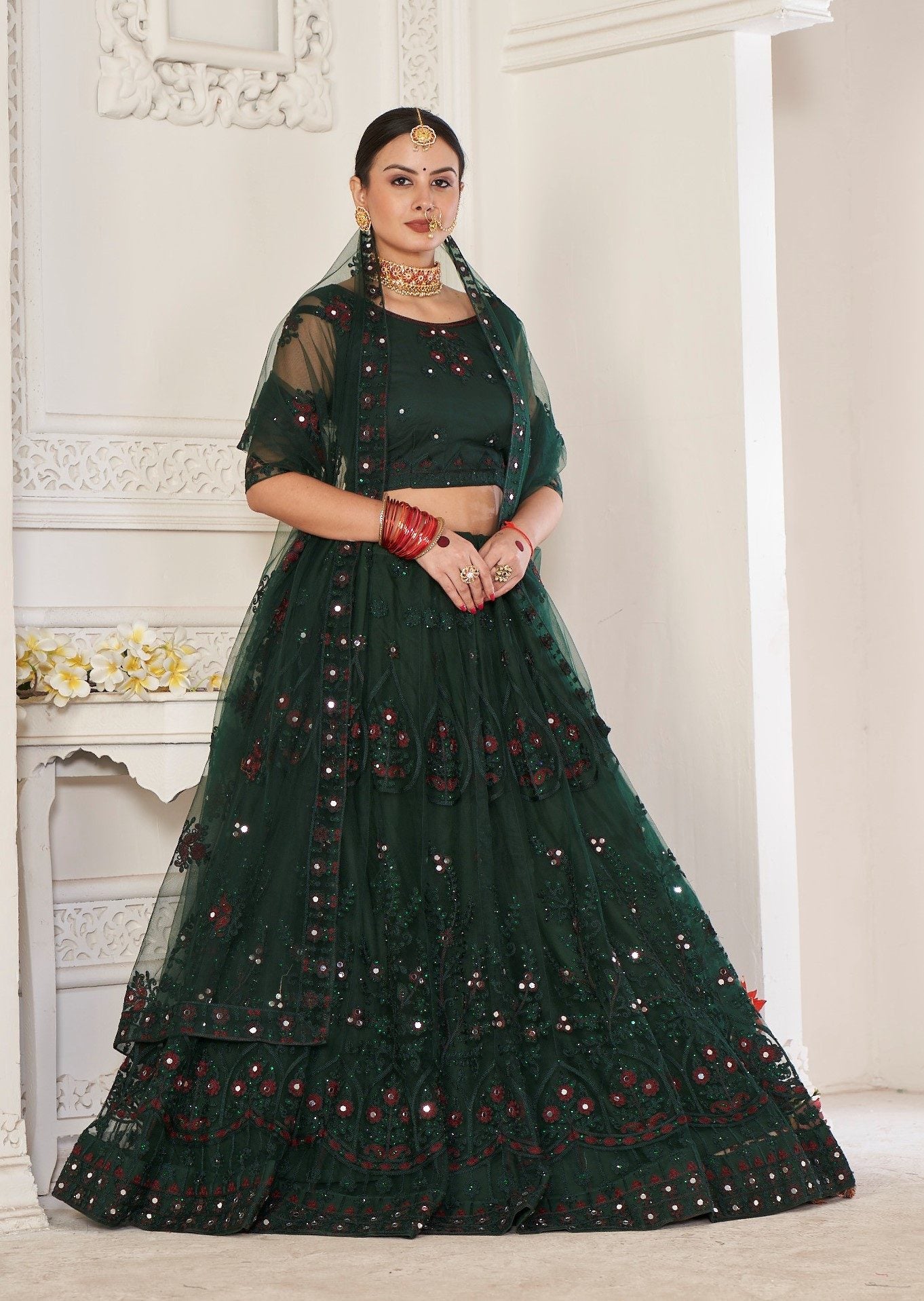 Elegant Emerald Green Party & Wedding Wear Semi-Stitched Net Lehenga Choli with Floral Embroidered Embellished Work