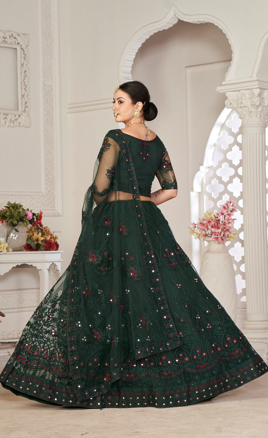 Elegant Emerald Green Party & Wedding Wear Semi-Stitched Net Lehenga Choli with Floral Embroidered Embellished Work