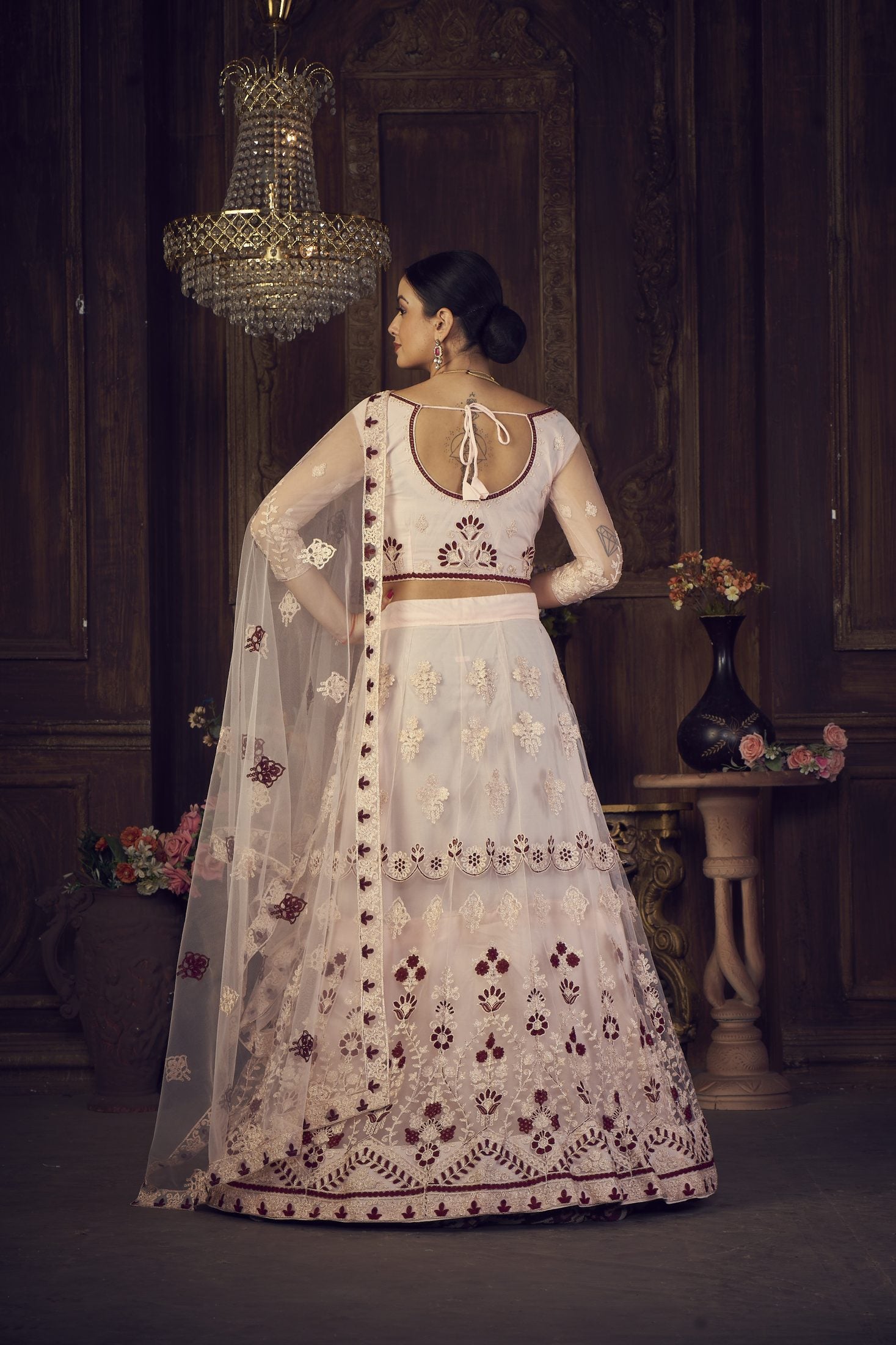 Elegant Off-White & Maroon Wedding & Festive Wear Semi-Stitched Net Lehenga Choli with Embroidered Work
