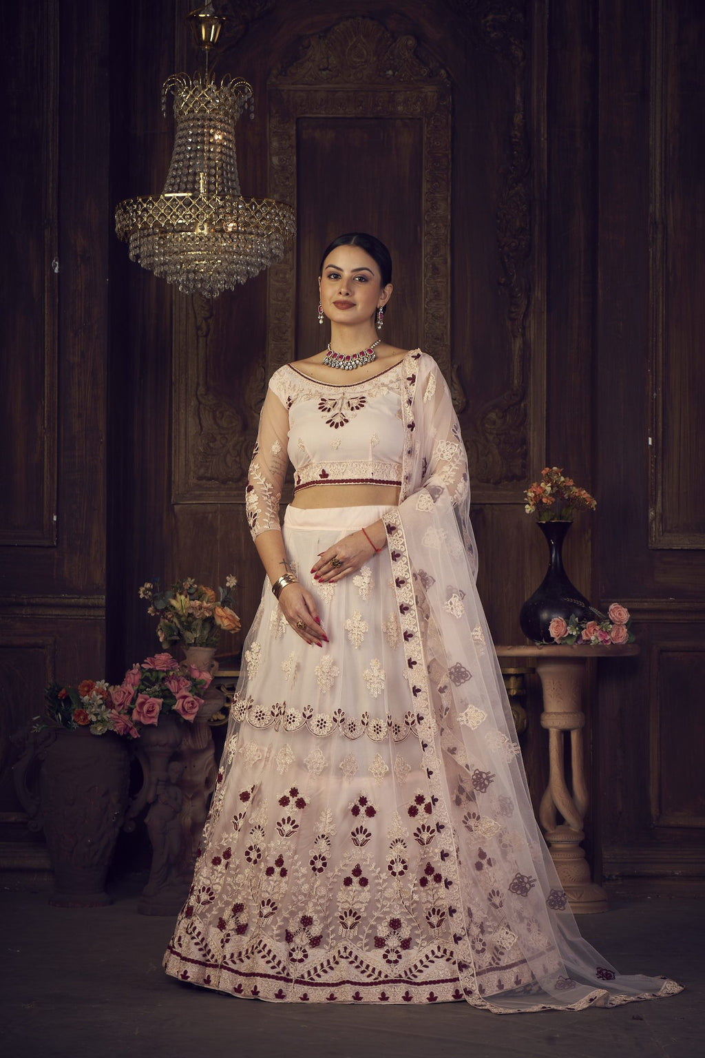 Elegant Off-White & Maroon Wedding & Festive Wear Semi-Stitched Net Lehenga Choli with Embroidered Work