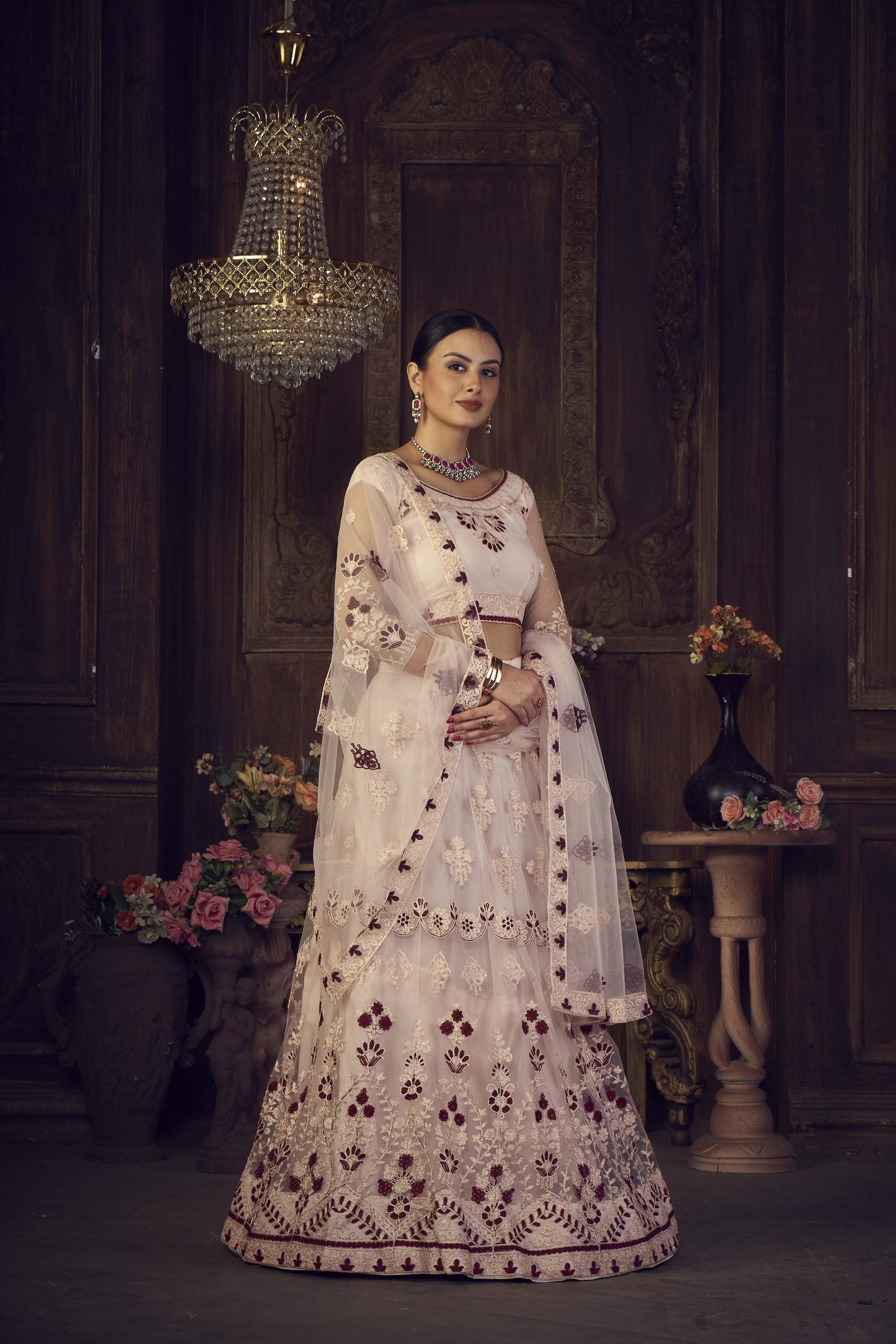 Elegant Off-White & Maroon Wedding & Festive Wear Semi-Stitched Net Lehenga Choli with Embroidered Work