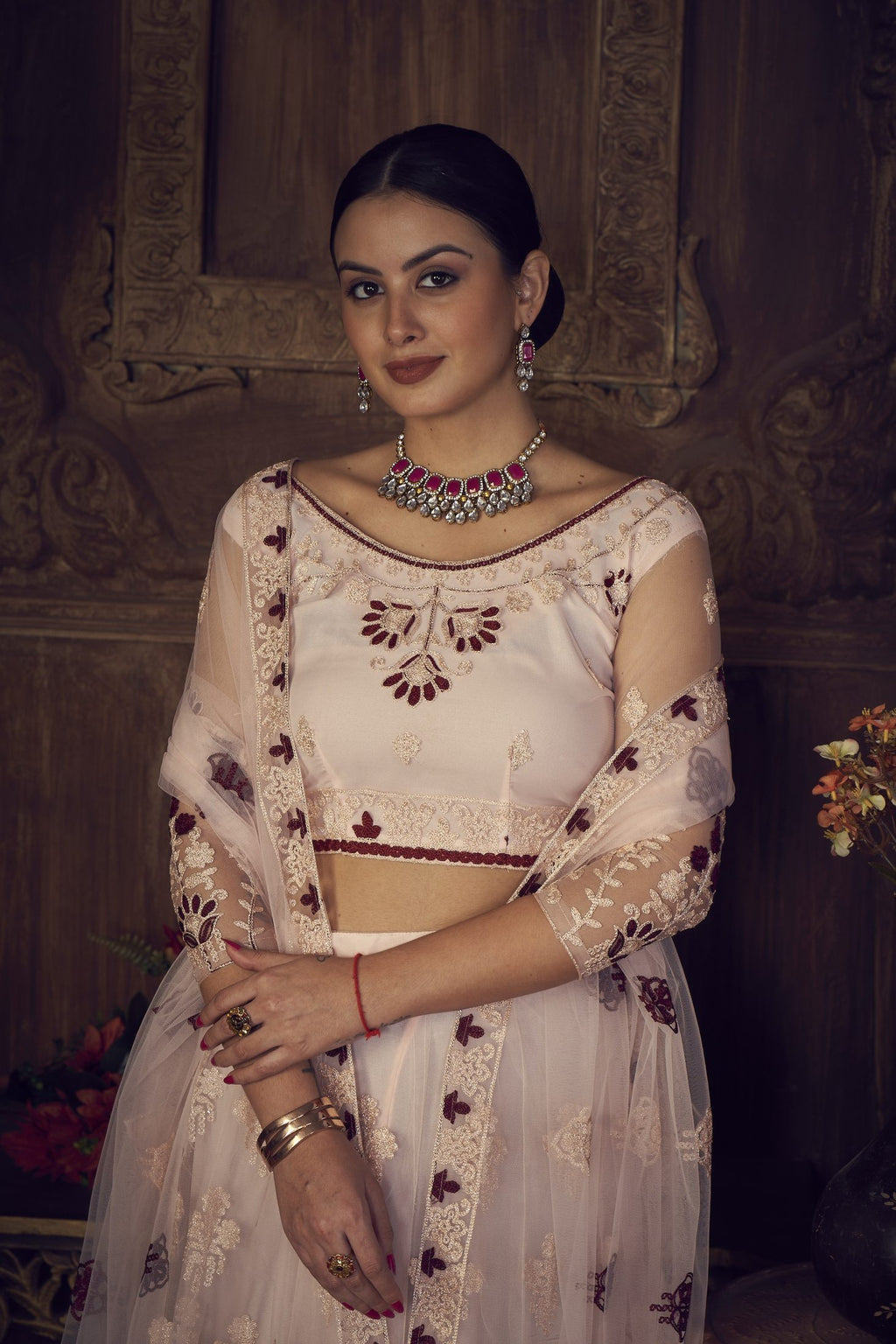 Elegant Off-White & Maroon Wedding & Festive Wear Semi-Stitched Net Lehenga Choli with Embroidered Work