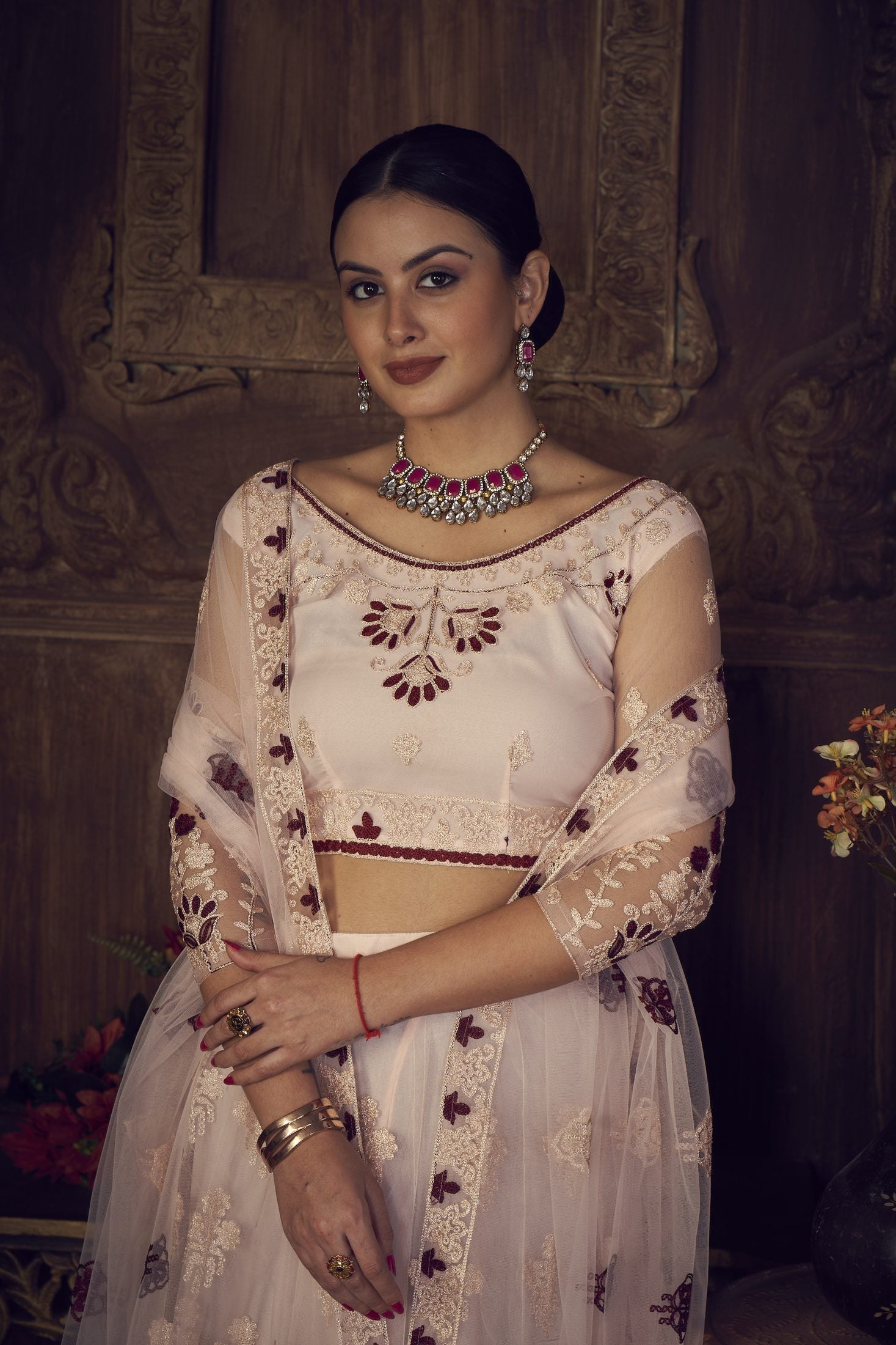 Elegant Off-White & Maroon Wedding & Festive Wear Semi-Stitched Net Lehenga Choli with Embroidered Work