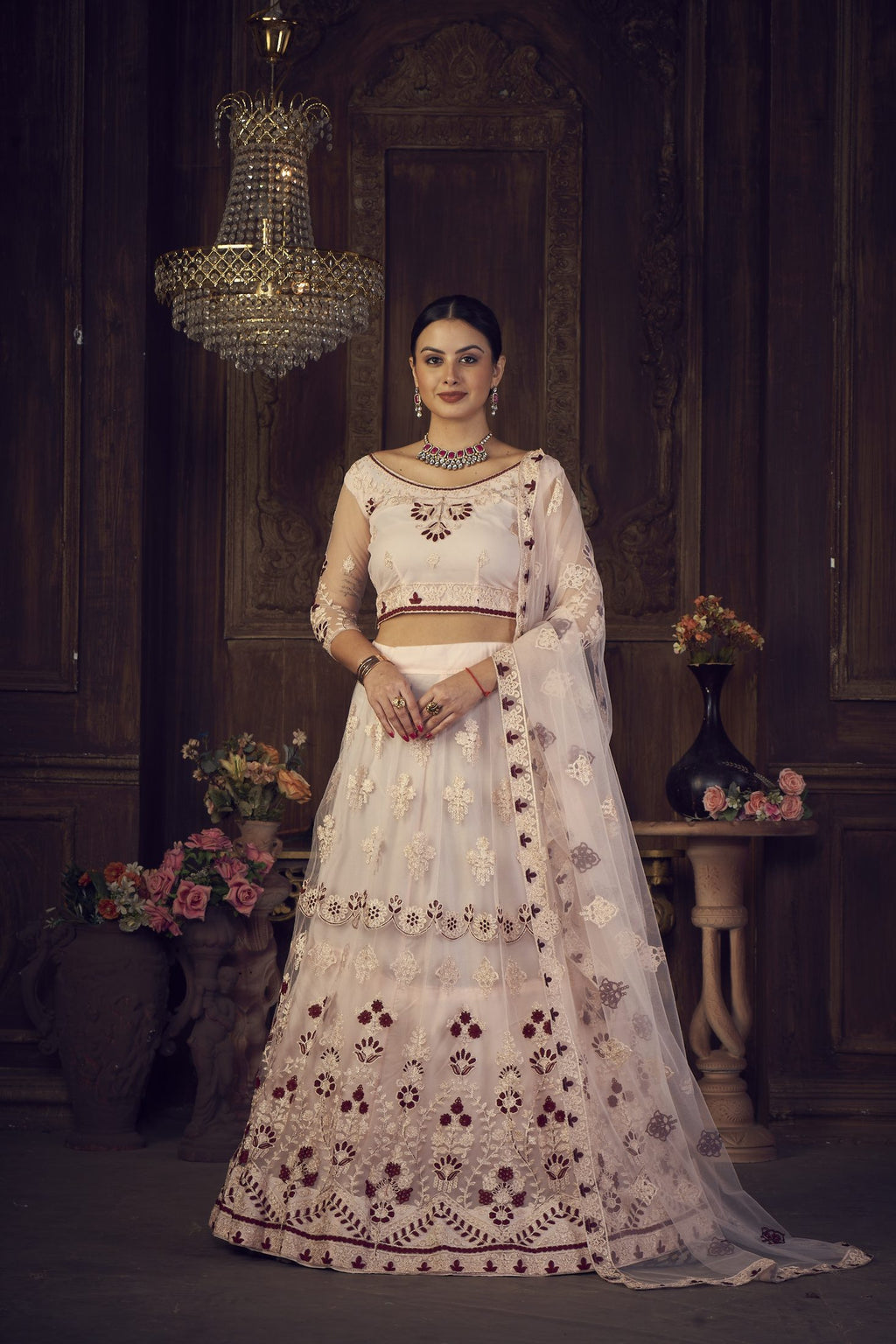 Elegant Off-White & Maroon Wedding & Festive Wear Semi-Stitched Net Lehenga Choli with Embroidered Work