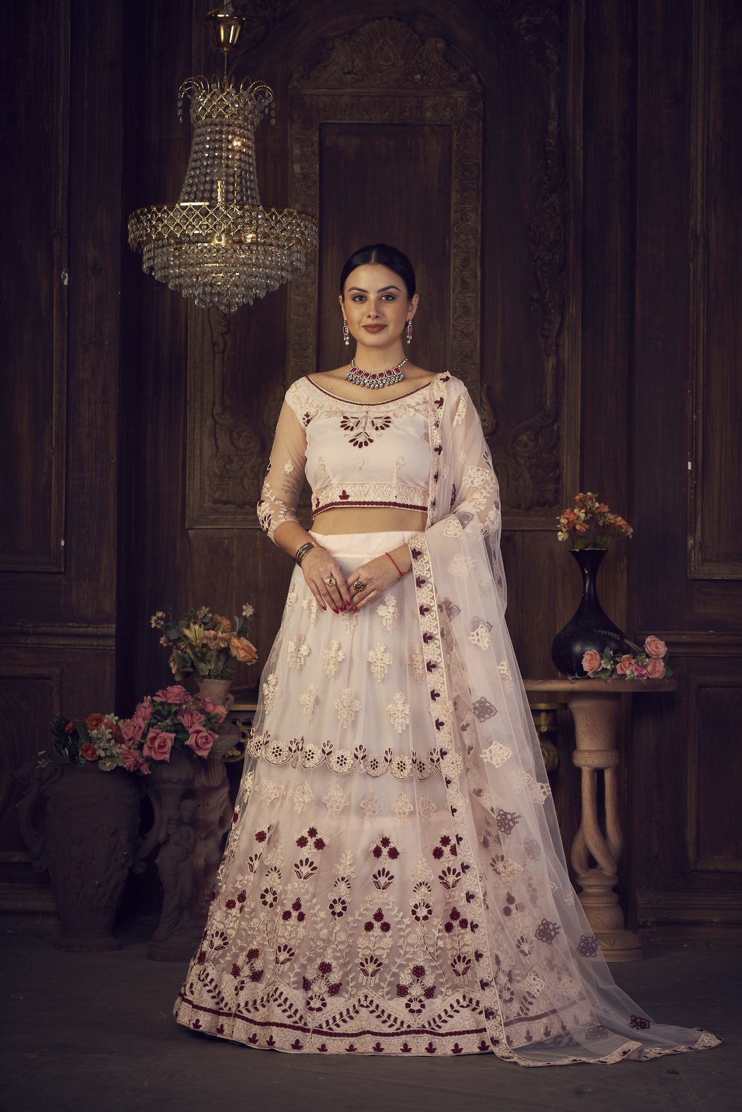 Elegant Off-White & Maroon Wedding & Festive Wear Semi-Stitched Net Lehenga Choli with Embroidered Work