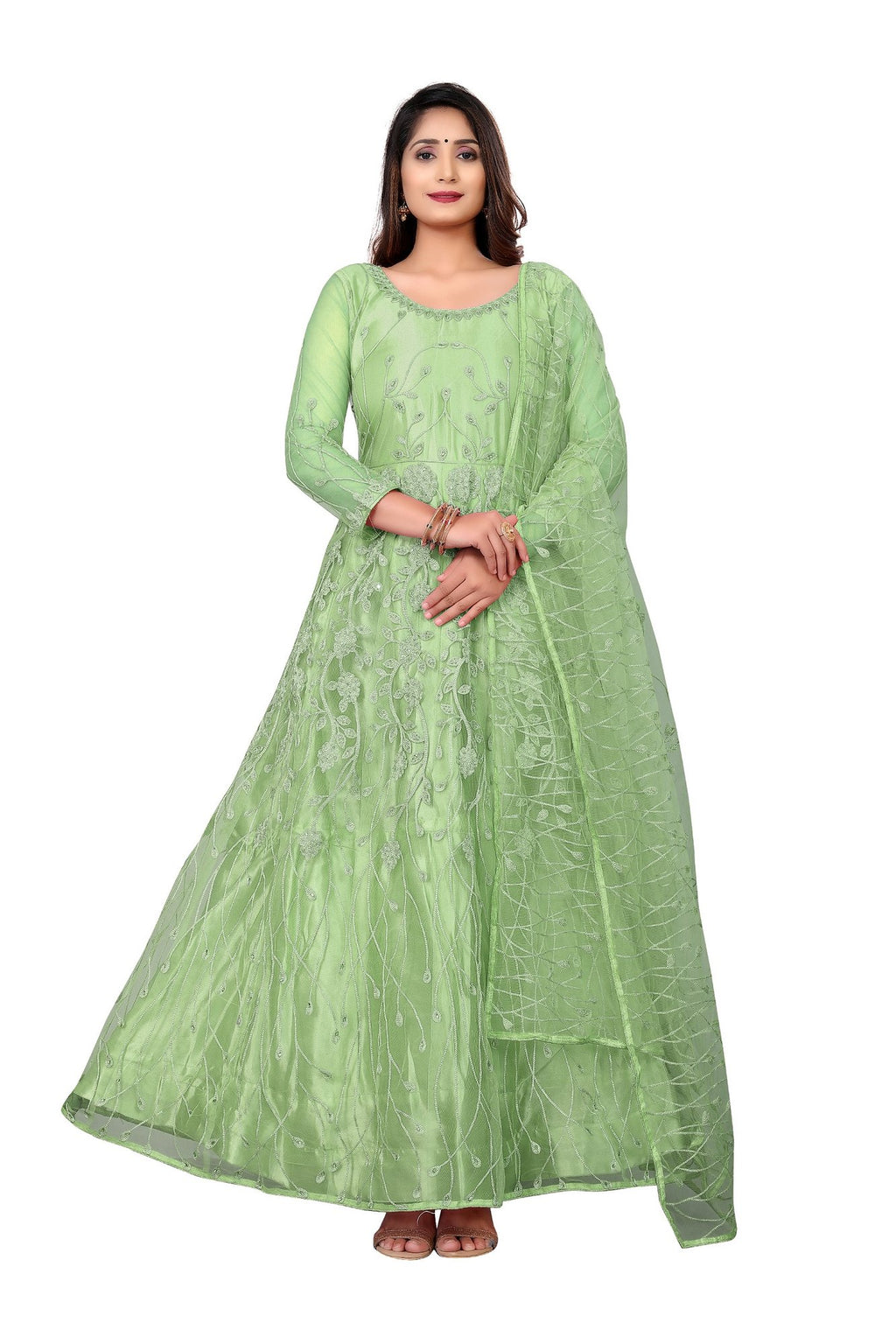 Parrot Green Net Anarkali Suit